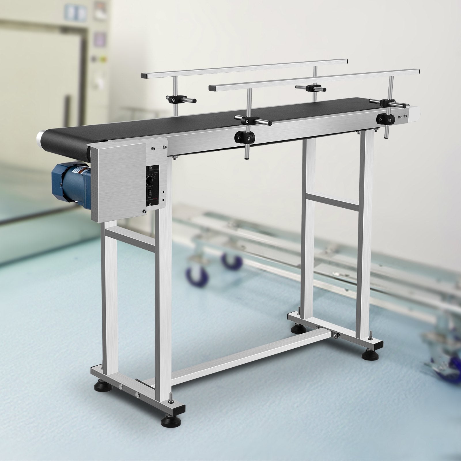 VEVOR PVC Belt Conveyor 59Inch Length, Electric PVC Conveyor 7.8 Width, 110V Adjustable Automatic Speed, Conveyor Machine with Double Guardrail, In Stainless Steel, Industrial Transport Equipment