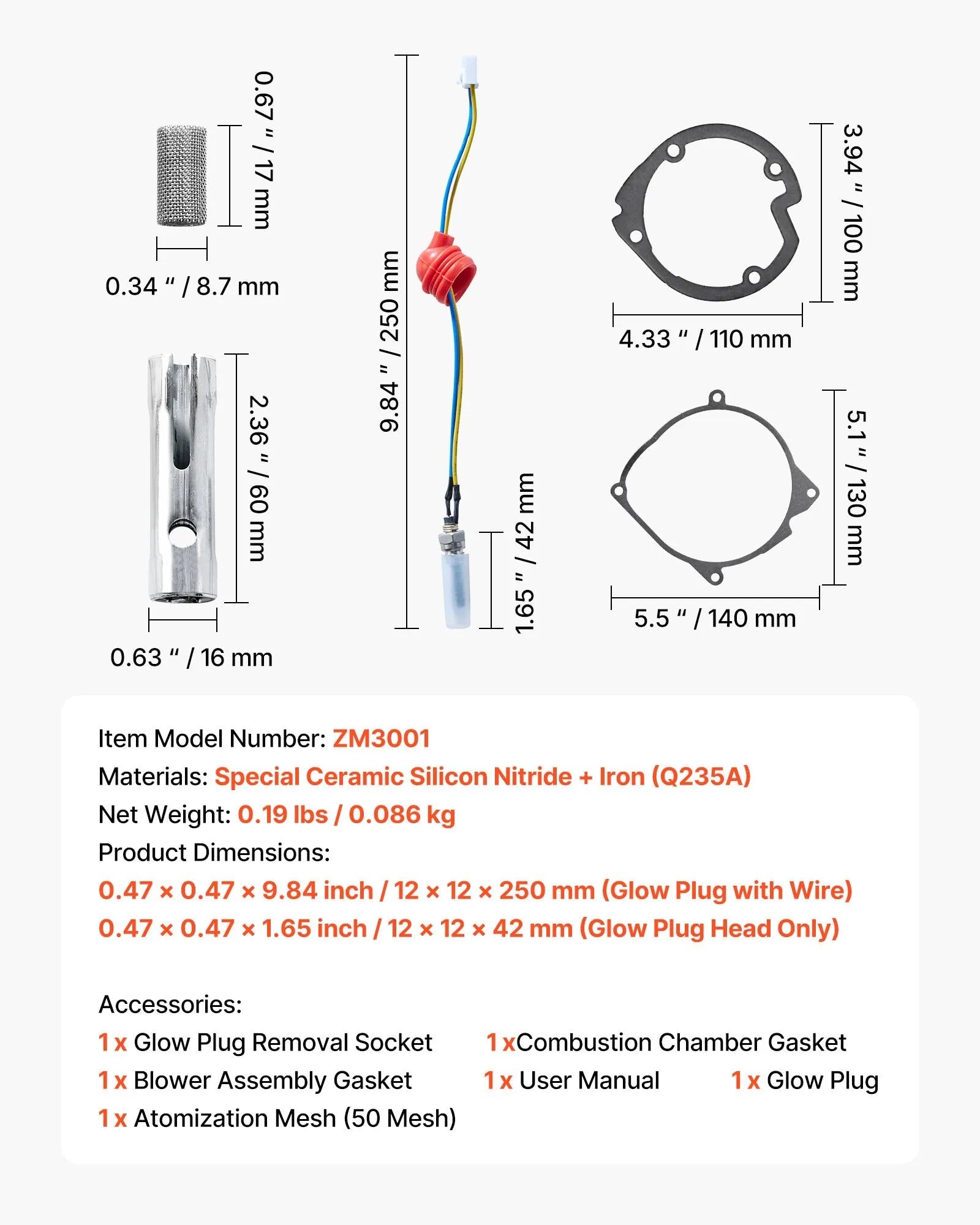 VEVOR 8V Glow Plug Repair Kit for Diesel Air Heaters, Parking Heater Glow Ignition Plug Kit with Atomization Mesh, Compatible with 2KW, 5KW, 8KW Diesel Heaters for Car, Truck, and Boat
