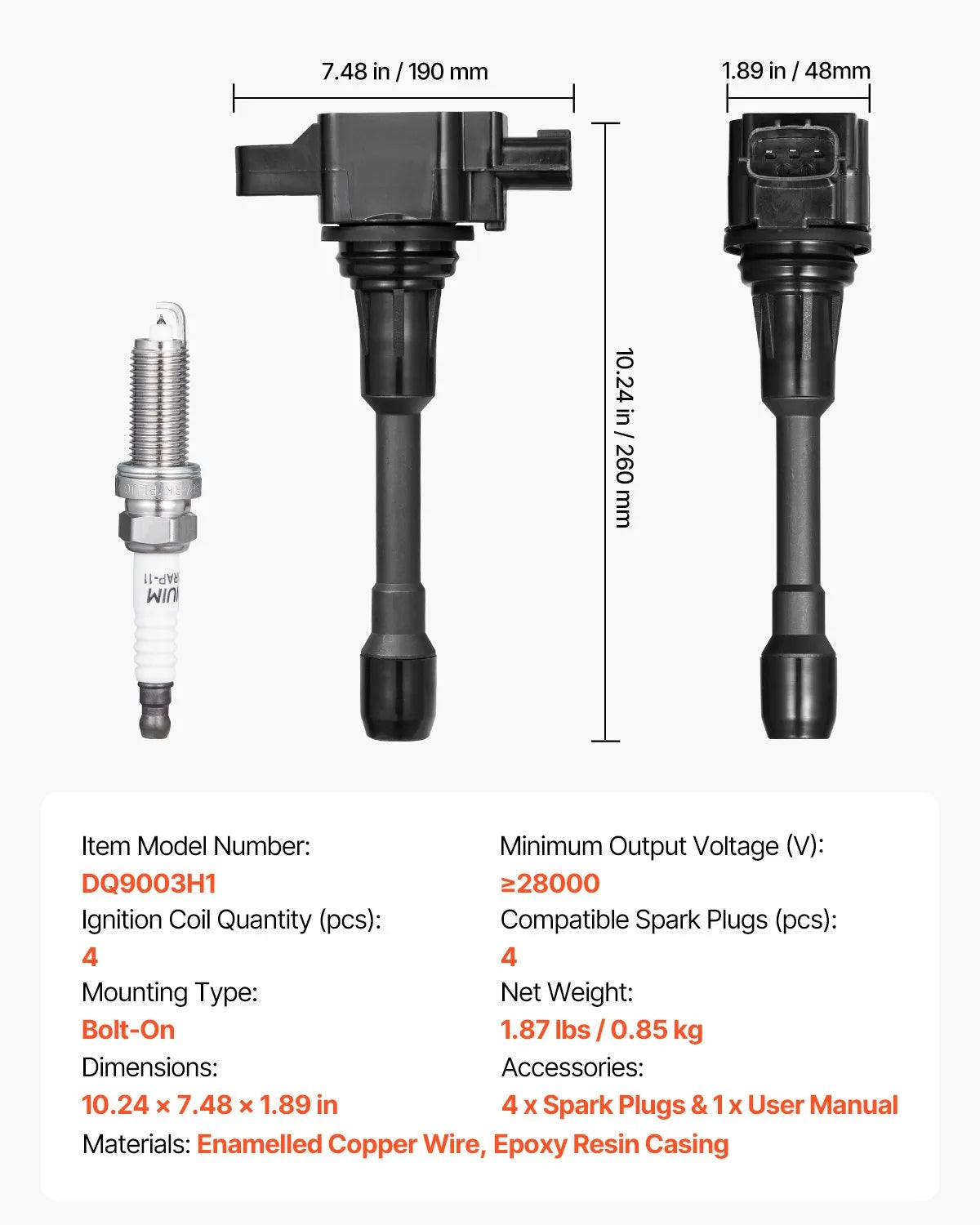VEVOR Ignition Coil Pack and Spark Plugs Set of 4 Compatible with Nissan Altima