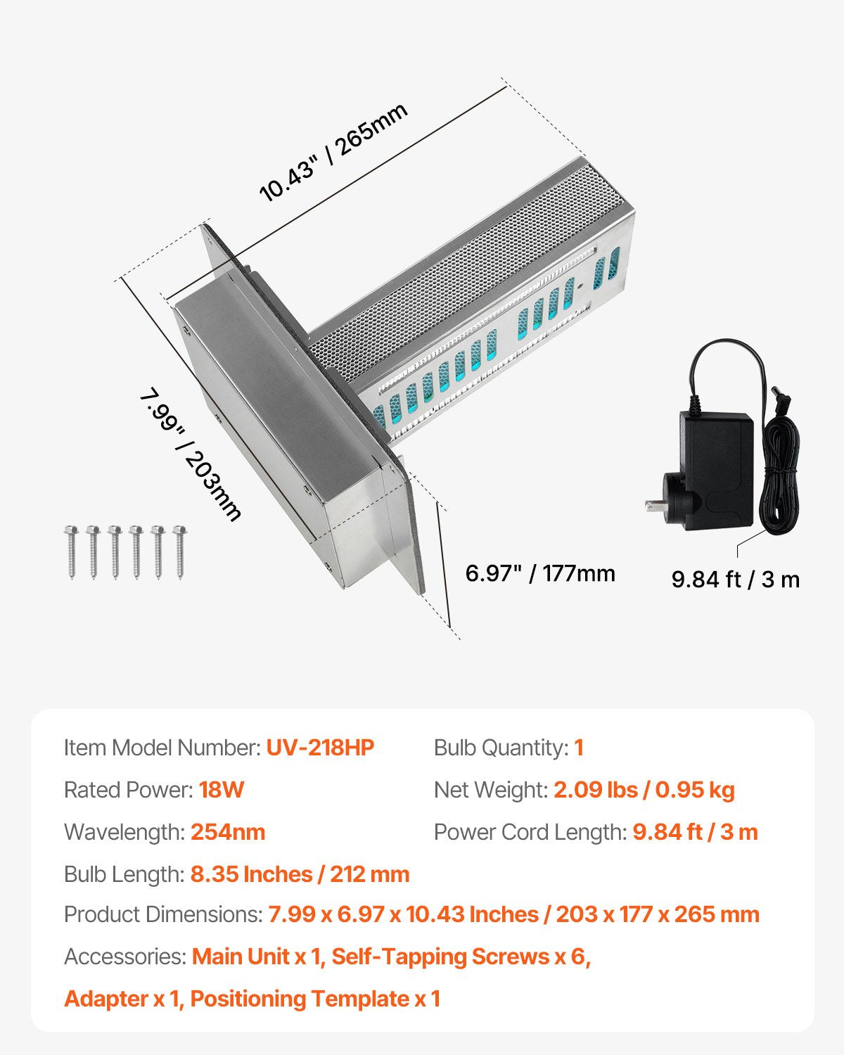 VEVOR HVAC Air Purifier Whole House 18W 9inch UV Light in Duct PCO Technology