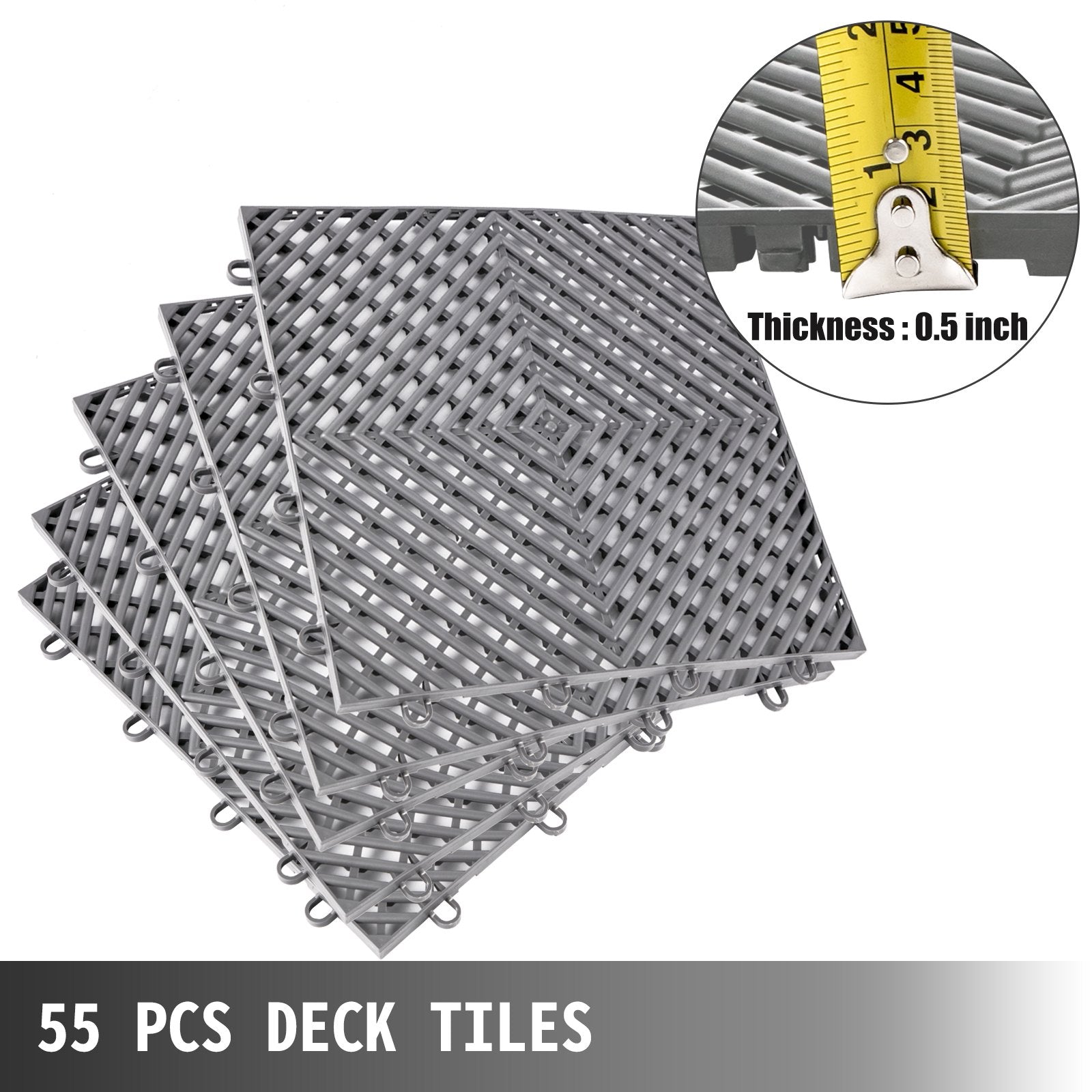 VEVOR Rubber Tiles Interlocking 55 PCS Gary, Drainage Tiles 12x12x0.5 Inches, Deck Tiles Outdoor Floor Tiles, Outdoor Interlocking Tiles, Deck Flooring for Pool Shower Bathroom Deck Patio Garage