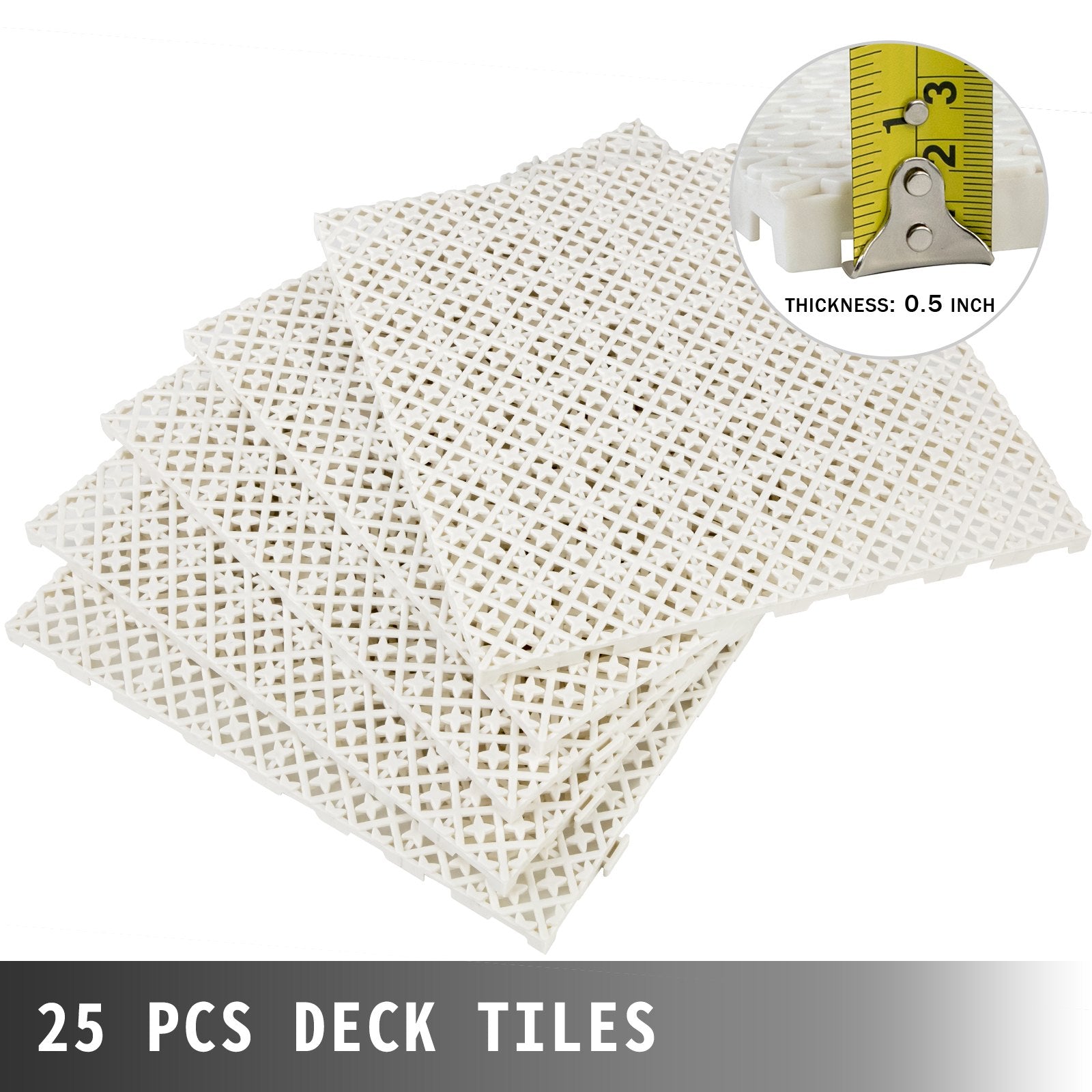 VEVOR Drainage Tiles Interlocking 25 Pack White, Outdoor Modular Interlocking Deck Tile 11.8x11.8x0.5 Inches, Dry Deck Tiles for Pool Shower Sauna Bathroom Deck Patio Garage