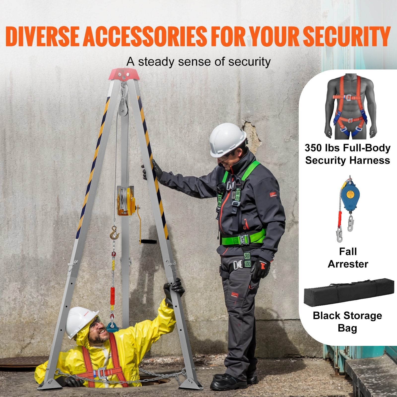 VEVOR Confined Space Tripod Kit, 1200 lbs Winch, Confined Space Tripod 7' Legs and 98' Cable, Confined Space Rescue Tripod 32.8' Fall Protection, Harness, Storage Bag for Traditional Confined Spaces