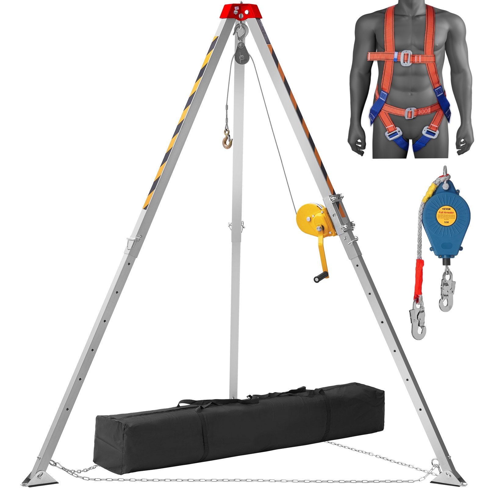VEVOR Confined Space Tripod Kit, 1200 lbs Winch, Confined Space Tripod 7' Legs and 98' Cable, Confined Space Rescue Tripod 32.8' Fall Protection, Harness, Storage Bag for Traditional Confined Spaces