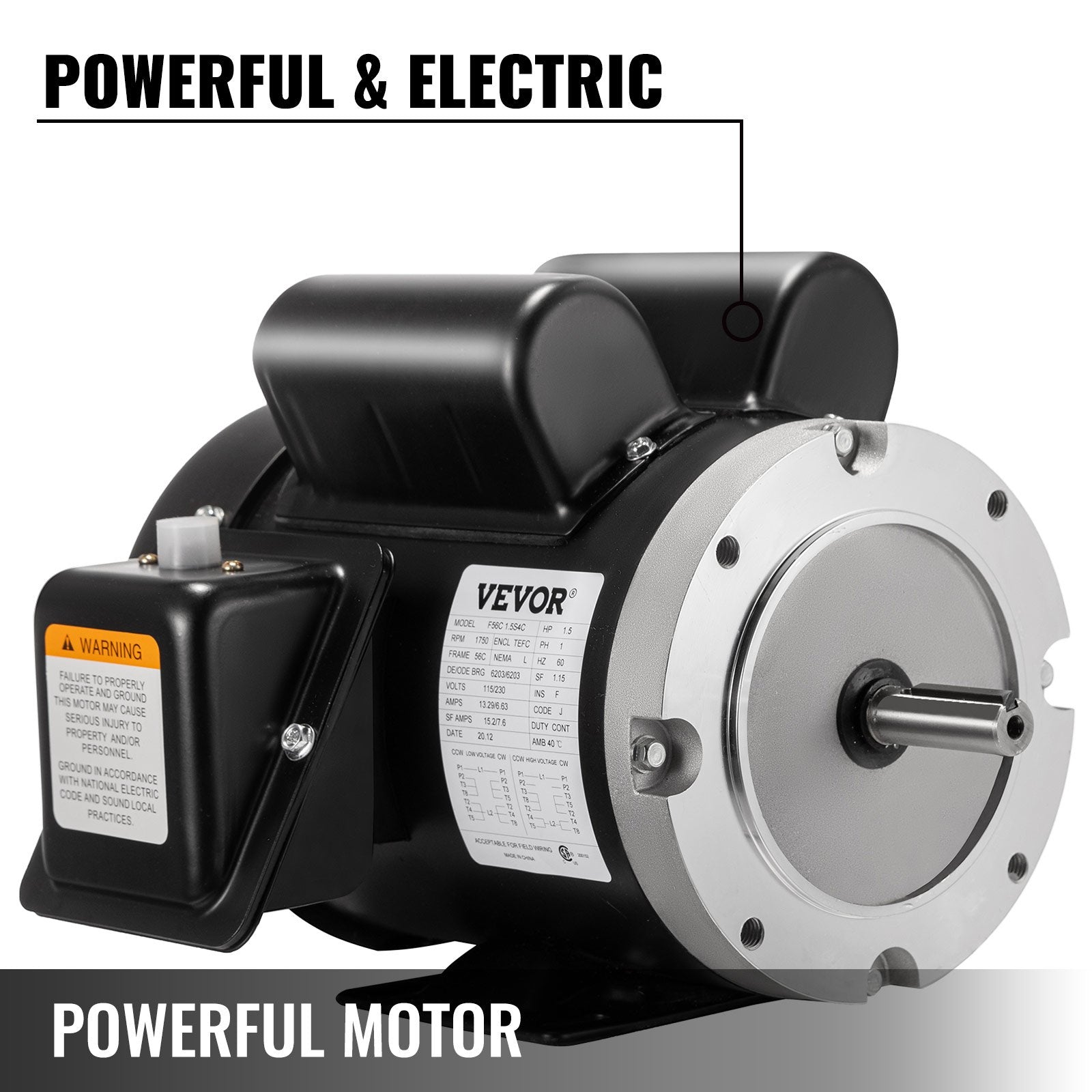 VEVOR 115V 230 V Electric Motor 56C Frame 1.5 hp Electric Motor 1725 RPM Single Phase Electric Motor 5/8 Inch Keyed Shaft for the Matching of Water Pumps