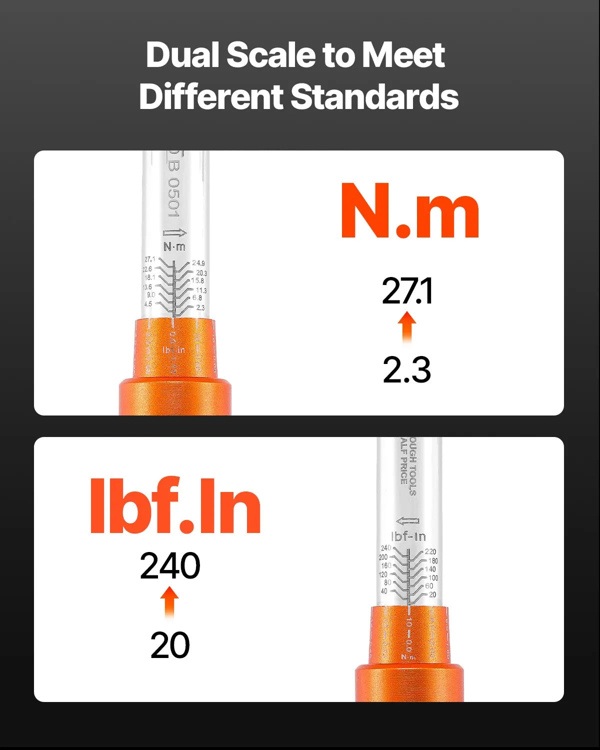 VEVOR Click Torque Wrench Set 1/4Inch Drive 20-240 lbf-in/2.3-27.1N.m Orange