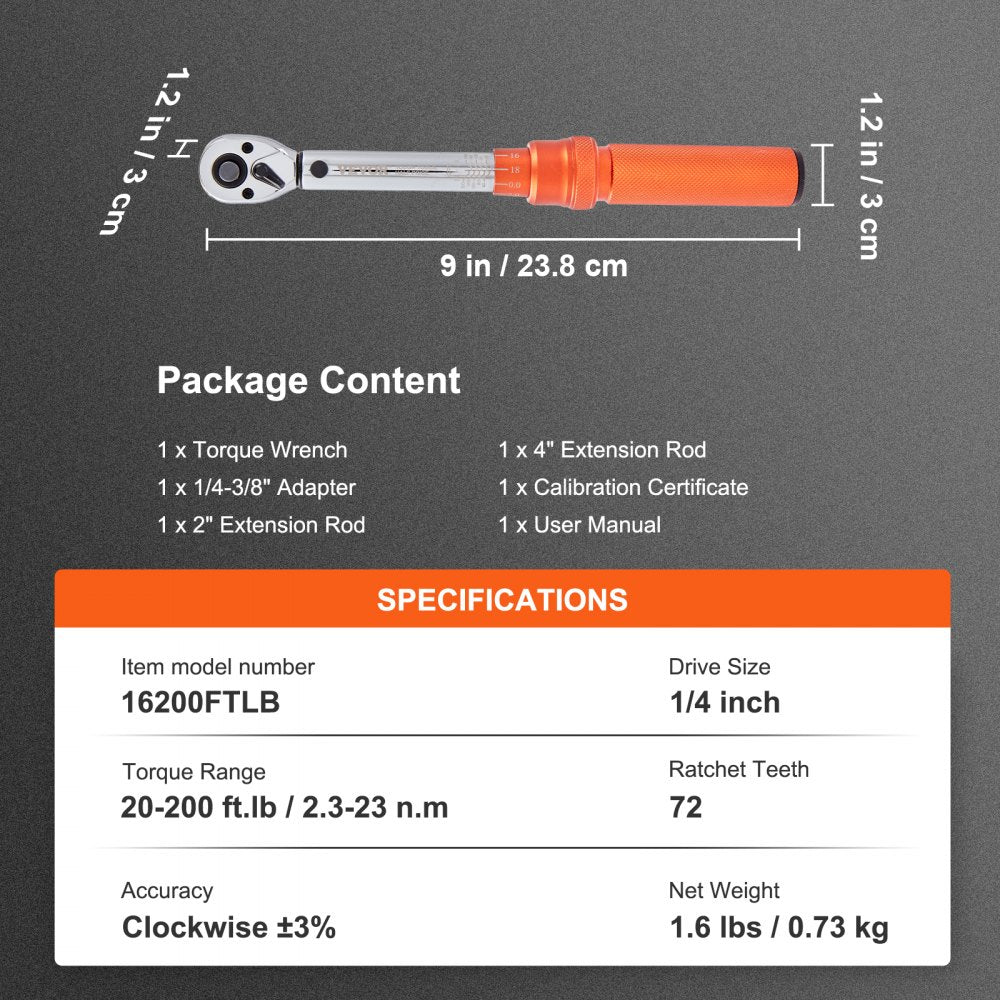 VEVOR Torque Wrench, 1/4-inch Drive Click Torque Wrench 20-200in.lb/3-23n.m, Dual-Direction Adjustable Torque Wrench Set, Mechanical Dual Range Scales Torque Wrench Kit with Adapters Extension Rod