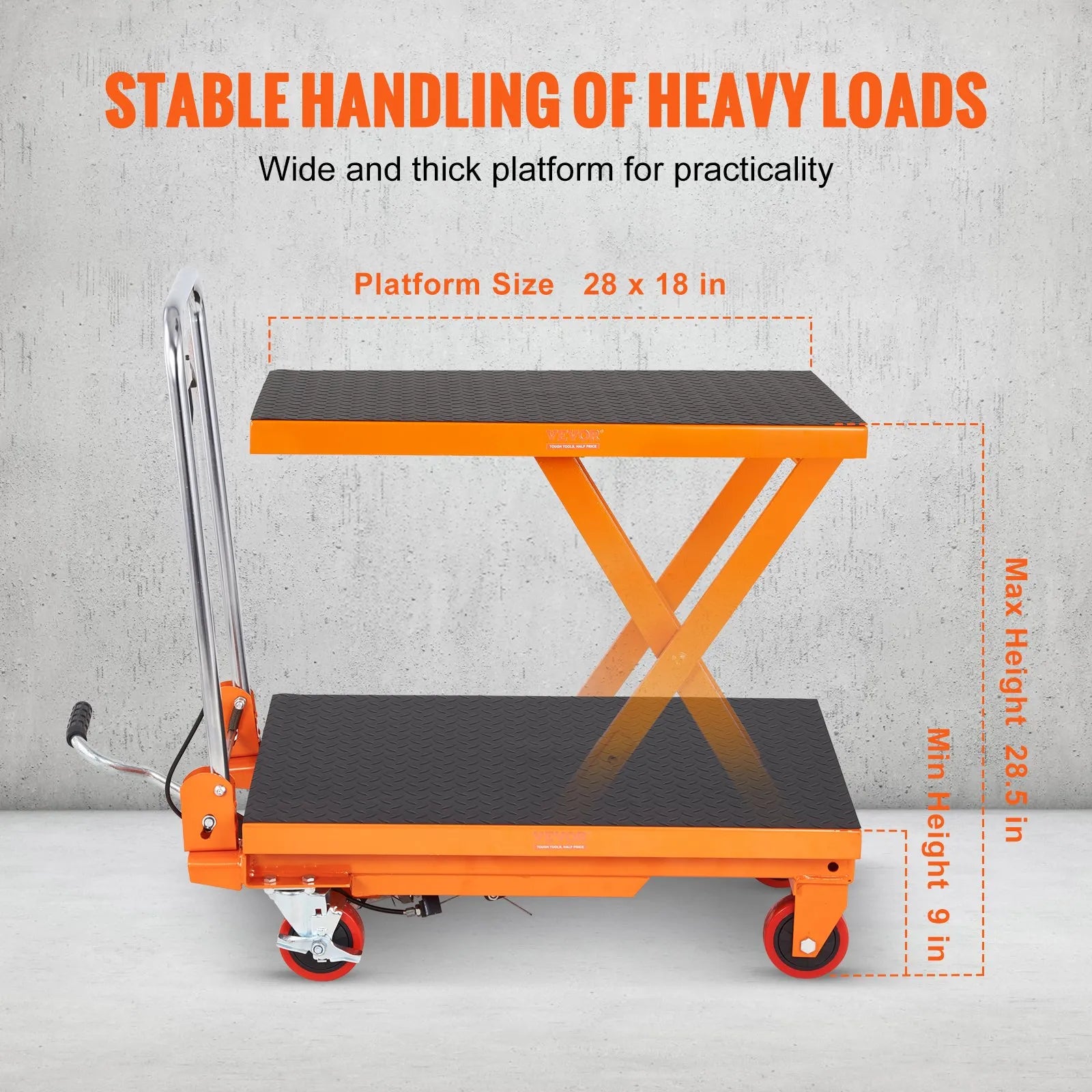 VEVOR Hydraulic Lift Table Cart, 330lbs Capacity 28.5" Lifting Height, Manual Single Scissor Lift Table with 4 Wheels and Non-slip Pad, Hydraulic Scissor Cart for Material Handling and Transportation