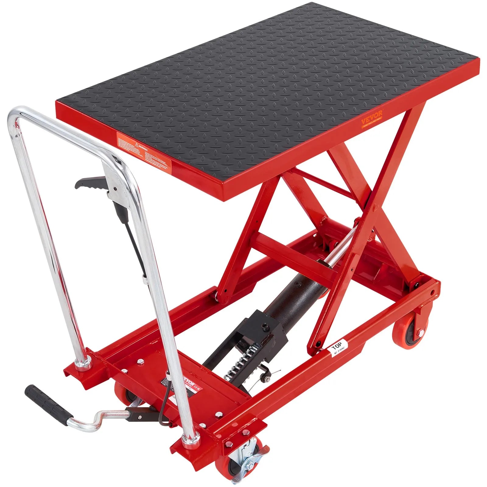VEVOR Hydraulic Lift Table Cart, 500lbs Capacity 28.5" Lifting Height, Manual Single Scissor Lift Table with 4 Wheels and Non-slip Pad, Hydraulic Scissor Cart for Material Handling, Red