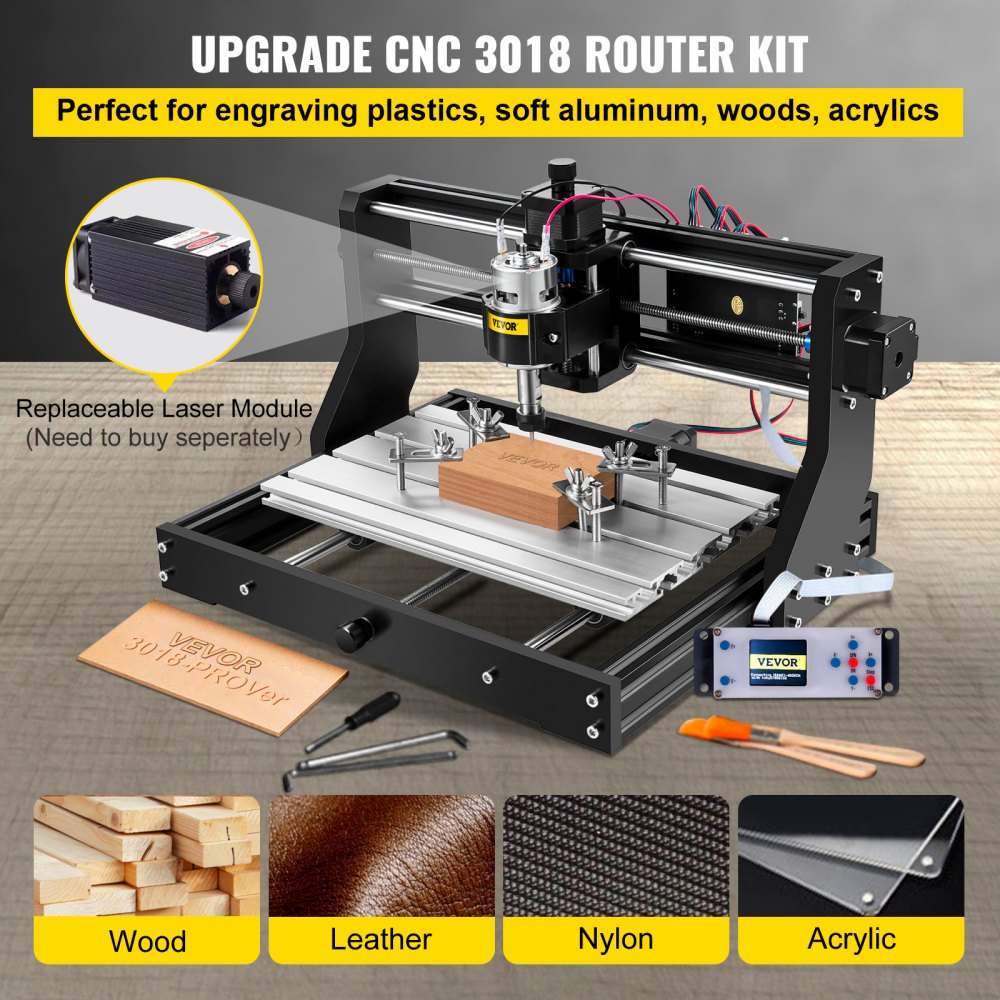 VEVOR CNC 3018-PRO 3 Axis CNC Router Kit GRBL Control With Offline Controller 1 Pcs 5mm ER11 PCB and 10PCS 3.175MM + 4 Sets CNC Plates+1 Pcs ER11 Collet Set for Carving Milling Plastic Acrylic PVC