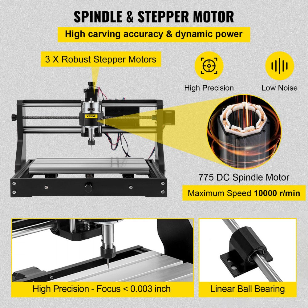 VEVOR CNC 3018-PRO 3 Axis CNC Router Kit GRBL Control With Offline Controller 1 Pcs 5mm ER11 PCB and 10PCS 3.175MM + 4 Sets CNC Plates+1 Pcs ER11 Collet Set for Carving Milling Plastic Acrylic PVC