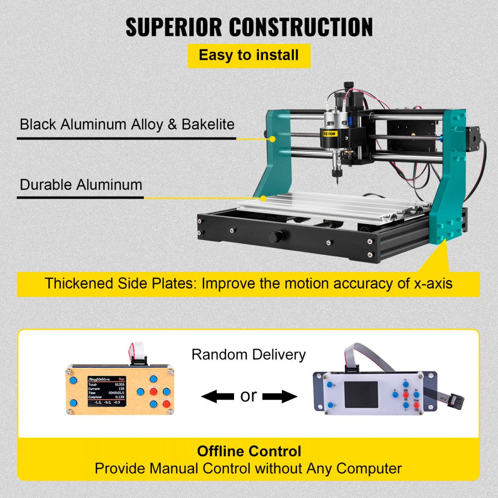 VEVOR CNC 3018-PRO 3 Axis CNC Router Kit GRBL Control With Offline Controller 1 Pcs 5mm ER11 PCB and 10PCS 3.175MM + 4 Sets CNC Plates+1 Pcs ER11 Collet Set for Carving Milling Plastic Acrylic PVC
