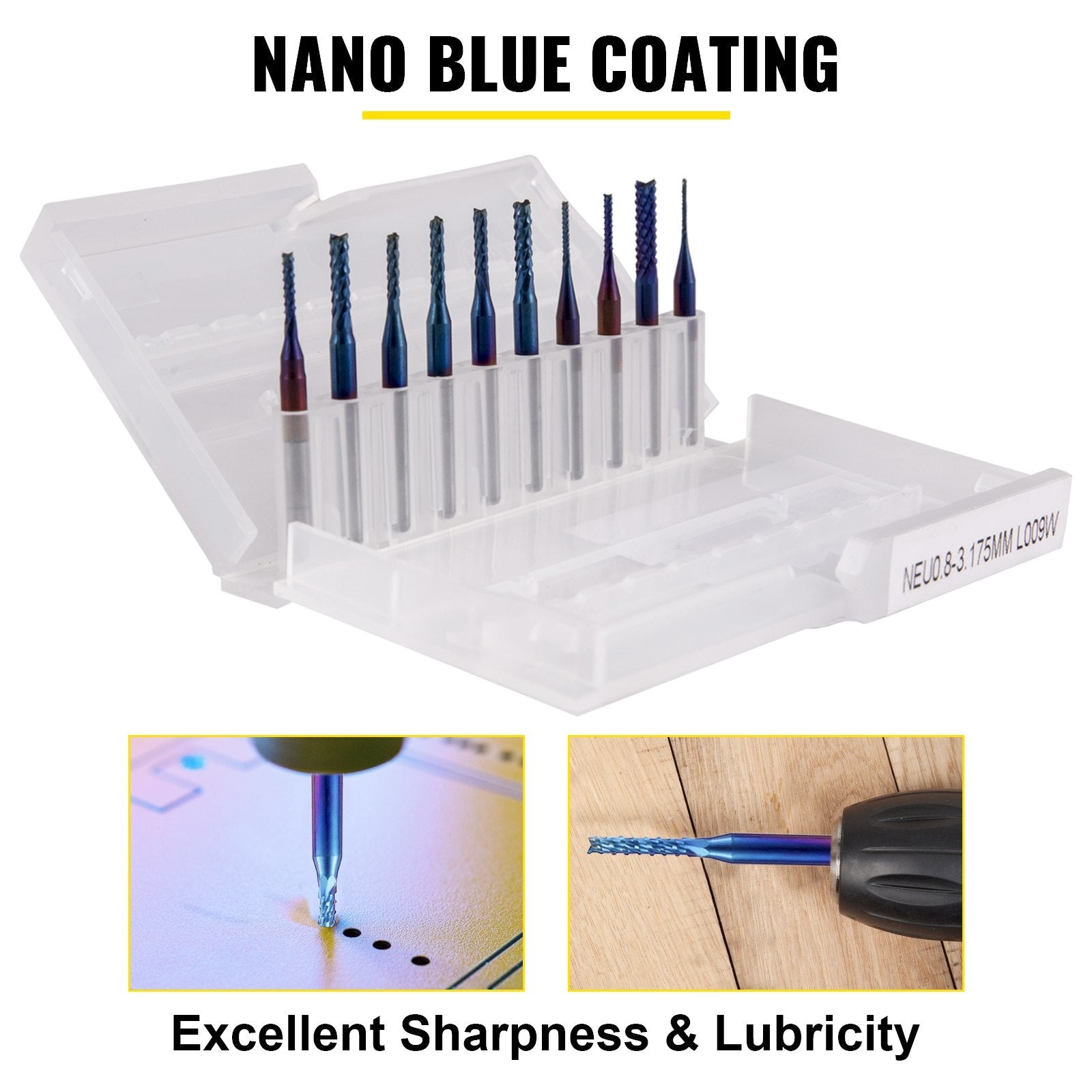 VEVOR 10PCs CNC Router Bits 1/8"(3.175mm) Shank End Mill Nano Blue Coat 0.8/1.0/1.2/1.4/1.6/1.8/2.0/2.2/2.4/3mm Engraving Bits Tungsten Steel Spiral Milling Tool Set for Engraving Cutting Acrylic Woo