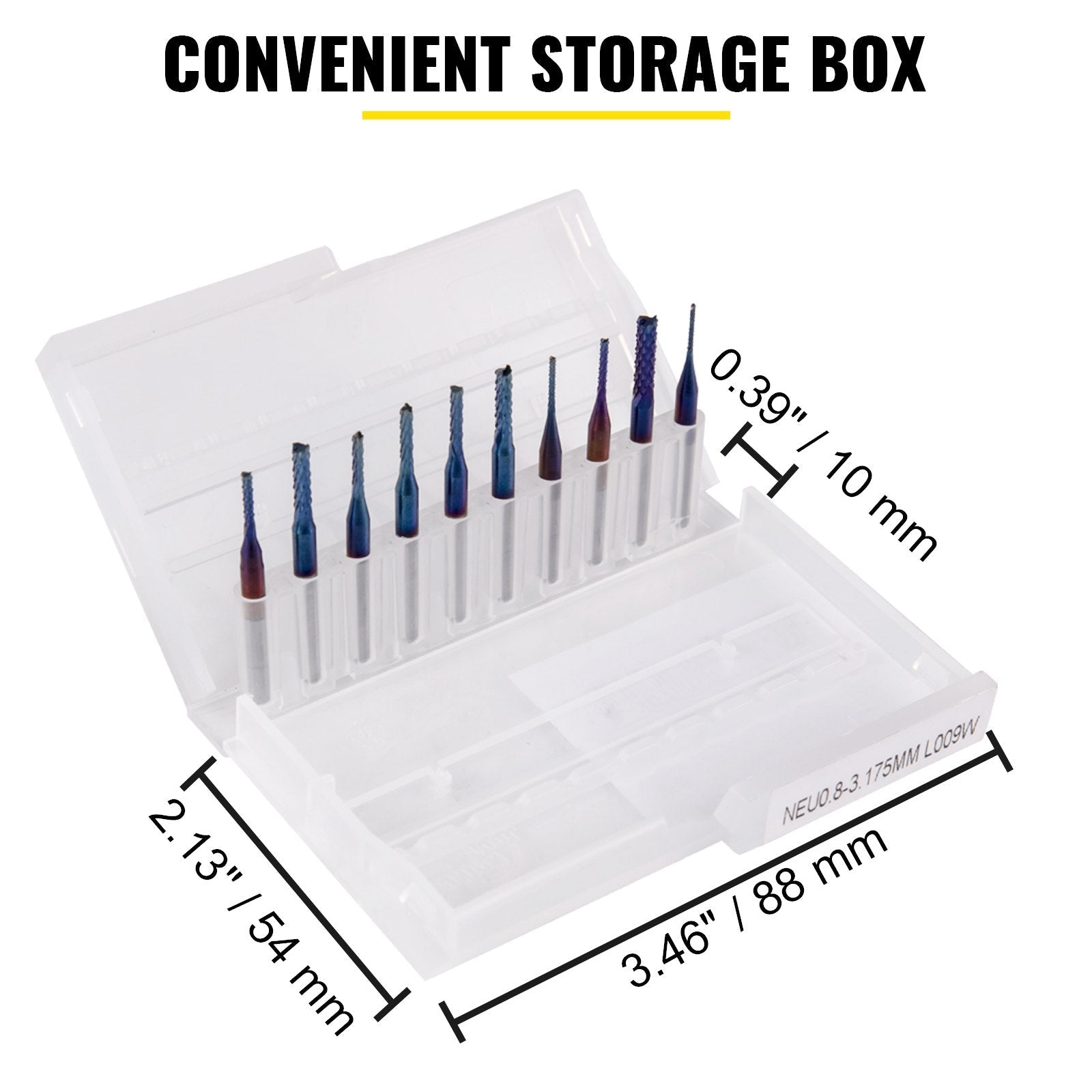 VEVOR 10PCs CNC Router Bits 1/8"(3.175mm) Shank End Mill Nano Blue Coat 0.8/1.0/1.2/1.4/1.6/1.8/2.0/2.2/2.4/3mm Engraving Bits Tungsten Steel Spiral Milling Tool Set for Engraving Cutting Acrylic Woo