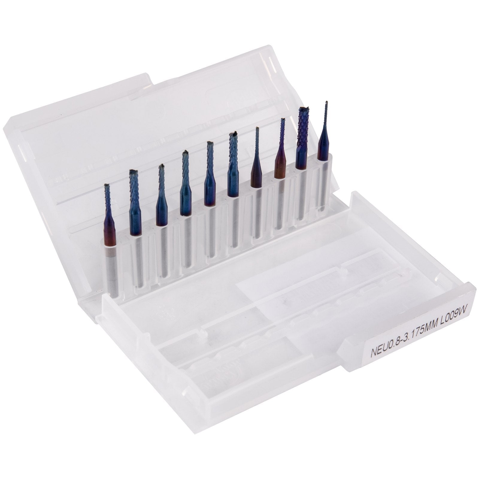 VEVOR 10PCs CNC Router Bits 1/8"(3.175mm) Shank End Mill Nano Blue Coat 0.8/1.0/1.2/1.4/1.6/1.8/2.0/2.2/2.4/3mm Engraving Bits Tungsten Steel Spiral Milling Tool Set for Engraving Cutting Acrylic Woo