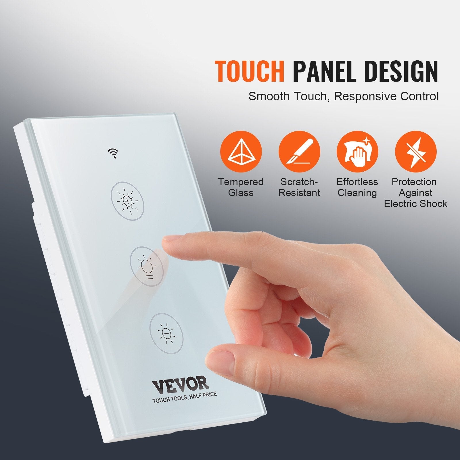 VEVOR WiFi Smart Light Dimmer Switch, 100-250V AC Wi-Fi 2.4GHz, 15% to 85% Stepless Dimming LED Dimmable Smart Switch with Touch Panel, App Remote Control Voice Compatible with Alexa Google Home