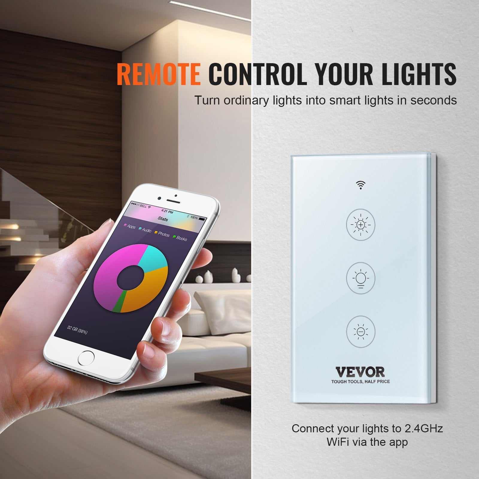 VEVOR WiFi Smart Light Dimmer Switch, 100-250V AC Wi-Fi 2.4GHz, 15% to 85% Stepless Dimming LED Dimmable Smart Switch with Touch Panel, App Remote Control Voice Compatible with Alexa Google Home