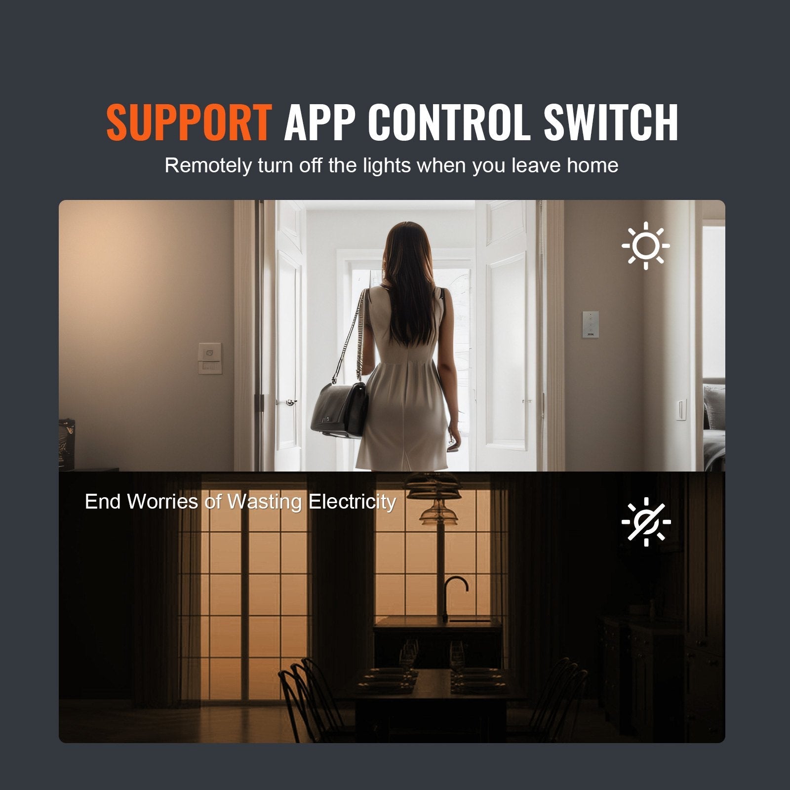 VEVOR WiFi Smart Light Dimmer Switch, 100-250V AC Wi-Fi 2.4GHz, 15% to 85% Stepless Dimming LED Dimmable Smart Switch with Touch Panel, App Remote Control Voice Compatible with Alexa Google Home