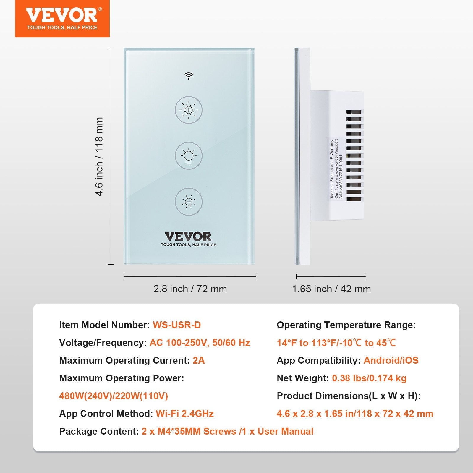 VEVOR WiFi Smart Light Dimmer Switch, 100-250V AC Wi-Fi 2.4GHz, 15% to 85% Stepless Dimming LED Dimmable Smart Switch with Touch Panel, App Remote Control Voice Compatible with Alexa Google Home