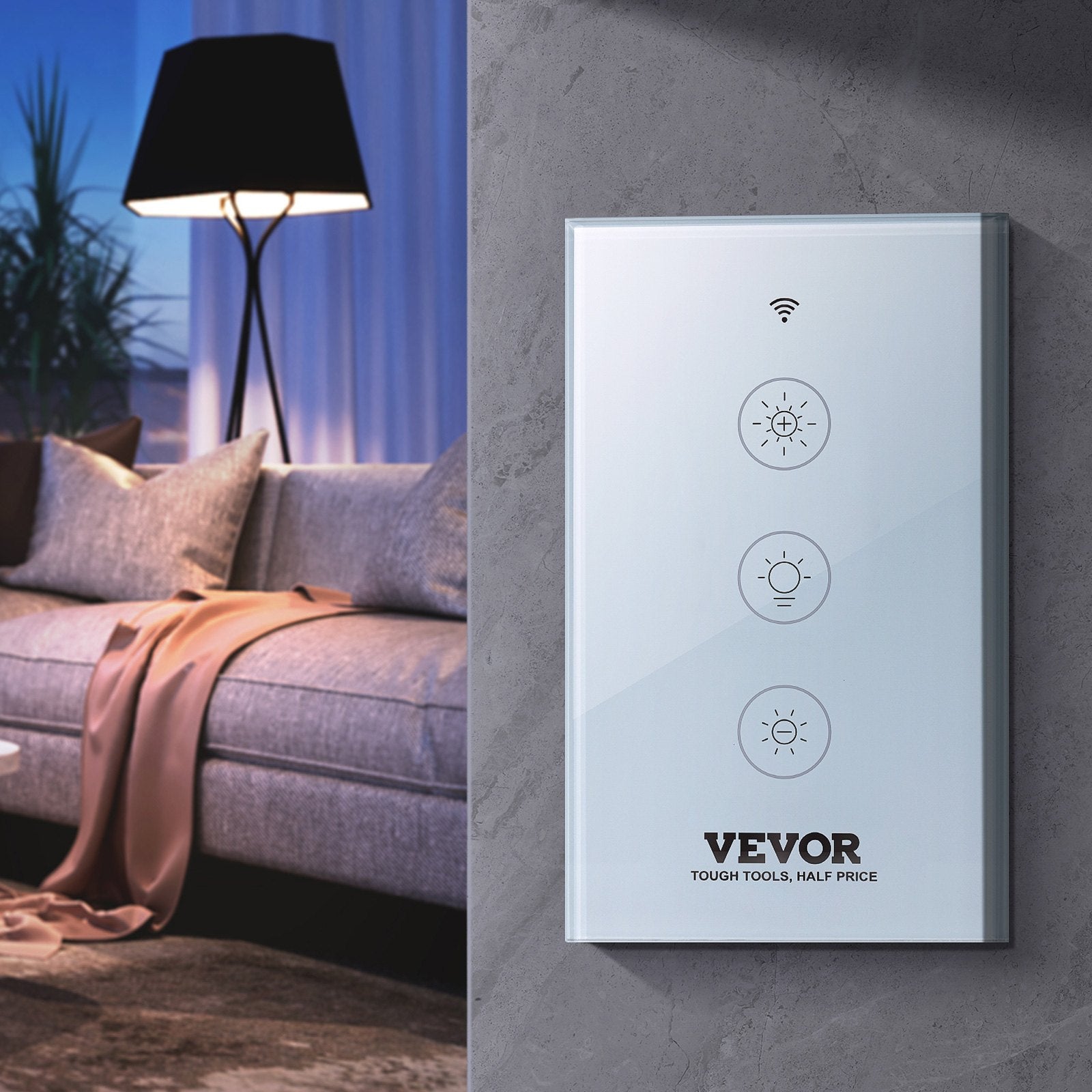 VEVOR WiFi Smart Light Dimmer Switch, 100-250V AC Wi-Fi 2.4GHz, 15% to 85% Stepless Dimming LED Dimmable Smart Switch with Touch Panel, App Remote Control Voice Compatible with Alexa Google Home