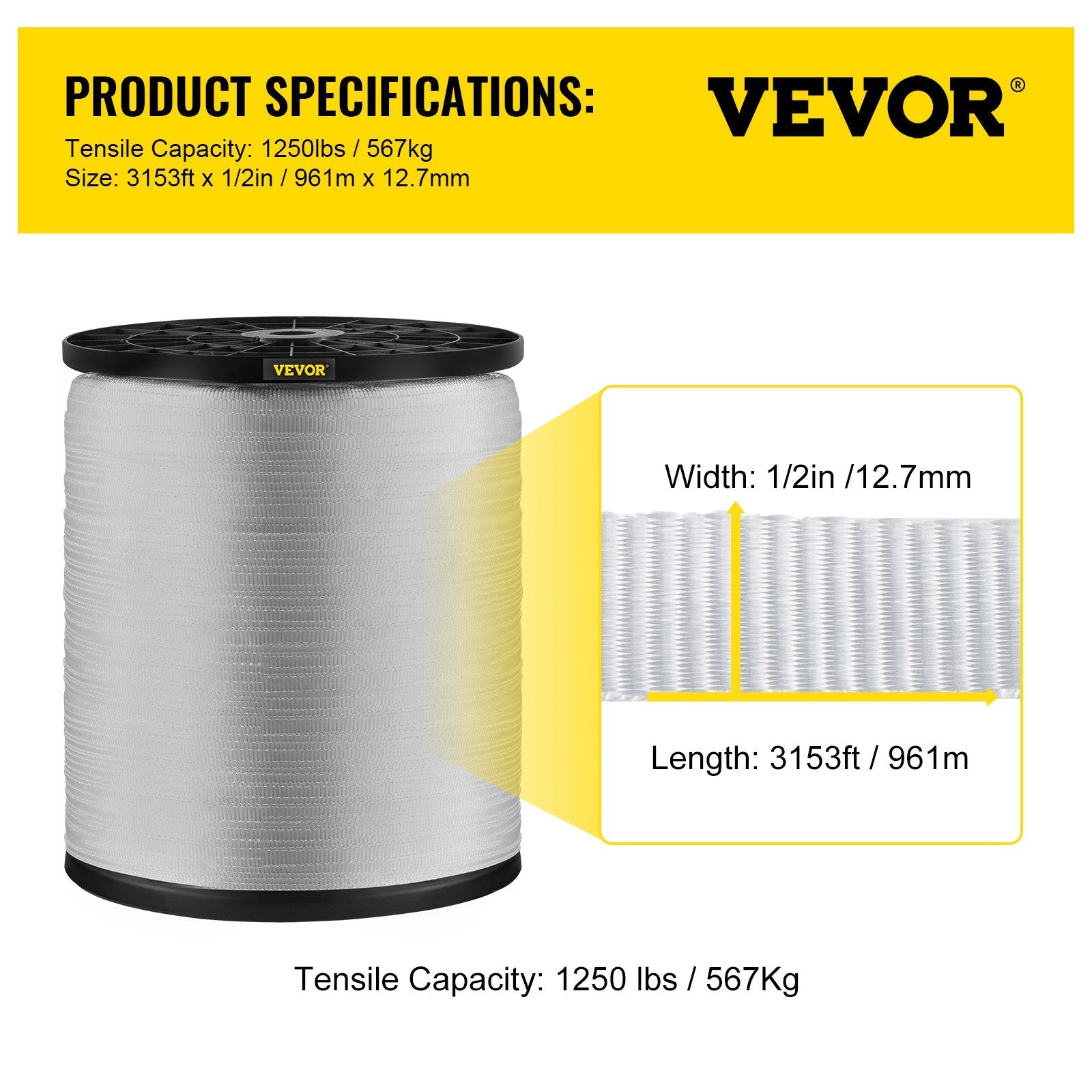VEVOR 1250Lbs Polyester Pull Tape, 3153\' x 1/2\" Flat Tape for Wire & Cable Conduit Work Variable Functions, Flat Rope for Pulling/Loading/Packing in Any Weather CONDITON