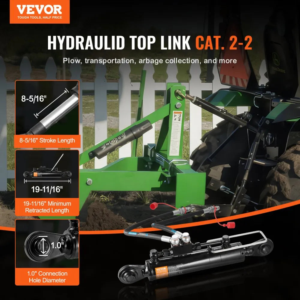 VEVOR Hydraulic Top Link Cat. 2-2(8-5/16 in, 19-11/16~28 in), Hydraulic Cylinder with 2 Hoses & G3/8" Check Valve