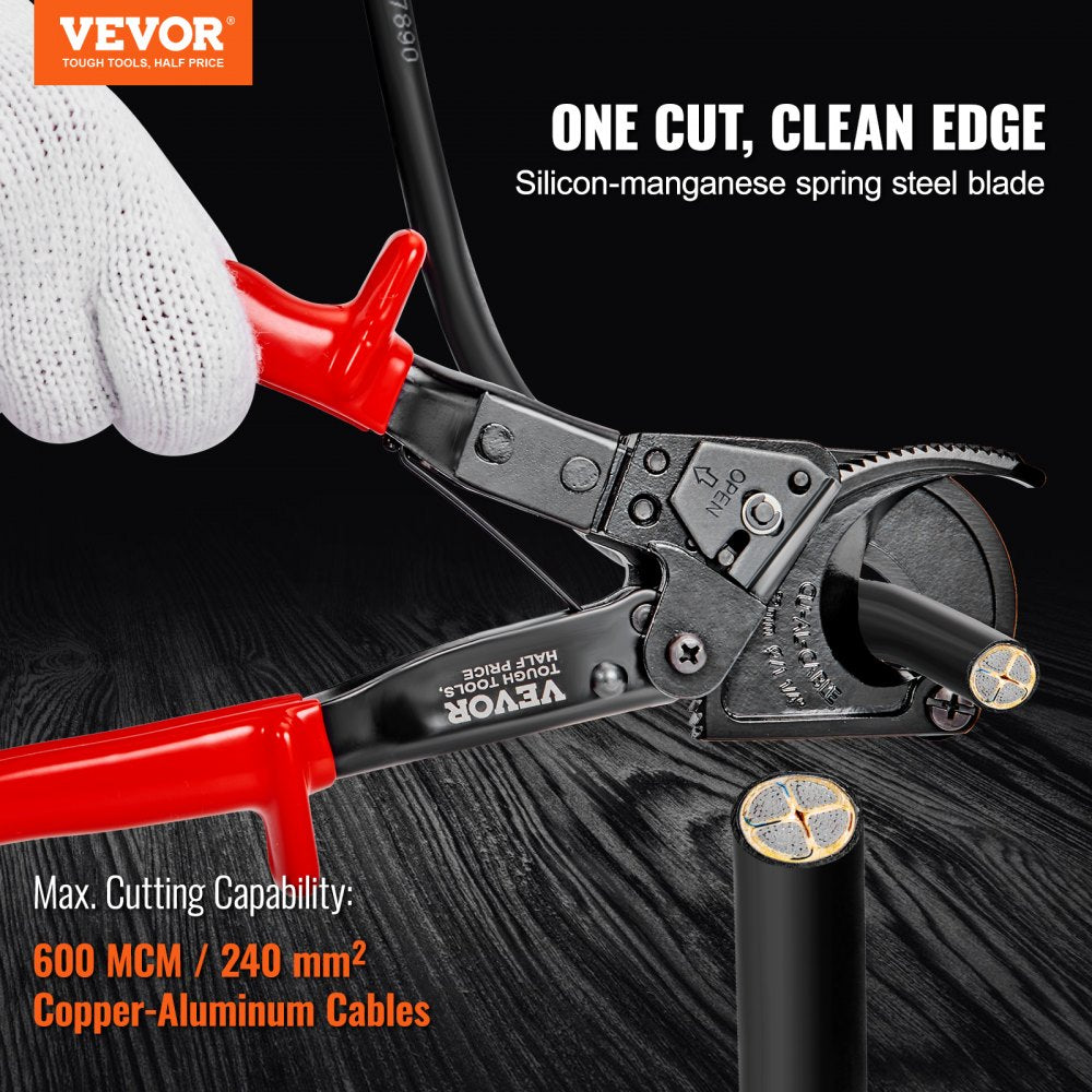VEVOR Ratcheting Cable Cutter, 10" Ratchet Wire and Cable Cutter, Cut up to 240 mm², with Comfortable Grip Handles, Easy to Use Quick-Release Lever, Silicon-Manganese Spring Steel Blade