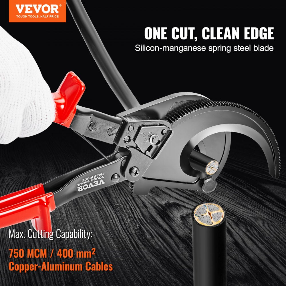 VEVOR Ratcheting Cable Cutter, 11" Ratchet Wire and Cable Cutter, Cut up to 400 mm², with Comfortable Grip Handles, Easy to Use Quick-Release Lever, Silicon-Manganese Spring Steel Blade