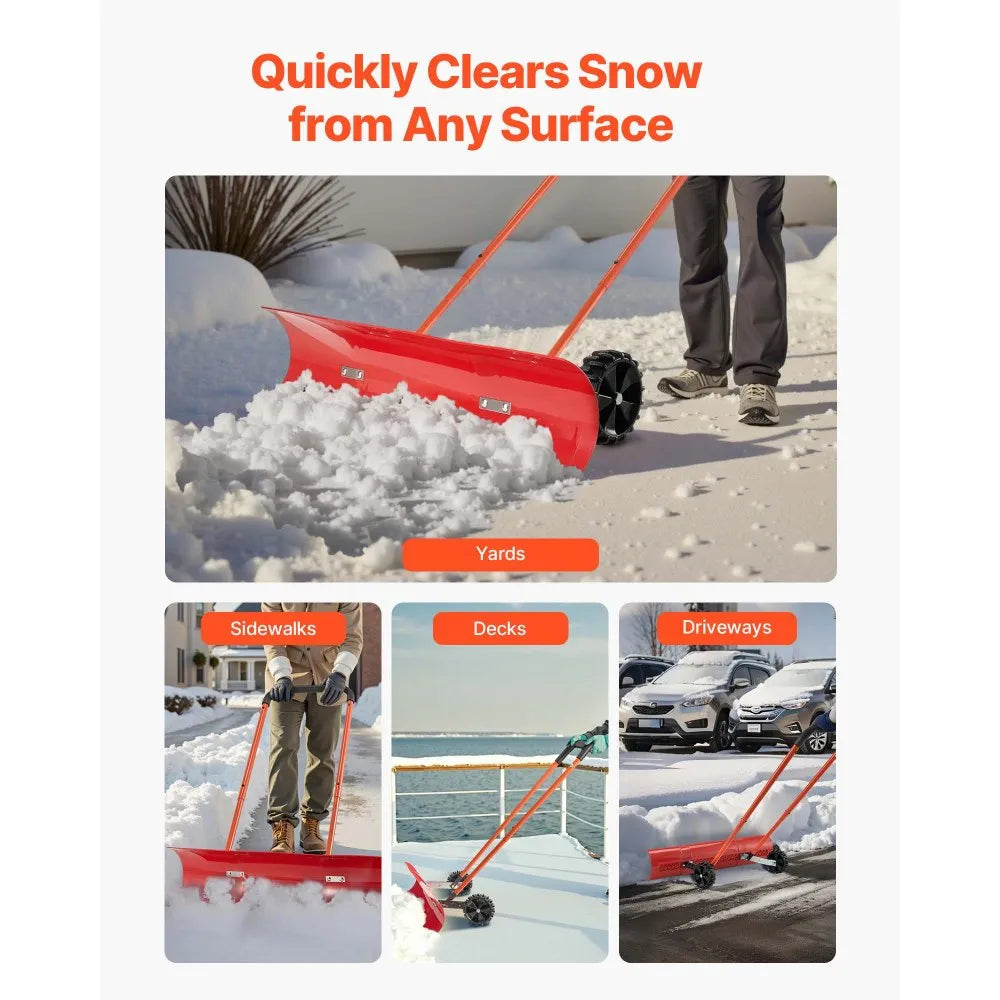 37.8-Inch Wheeled Snow Pusher Shovel with Adjustable Handle and Angled Blade