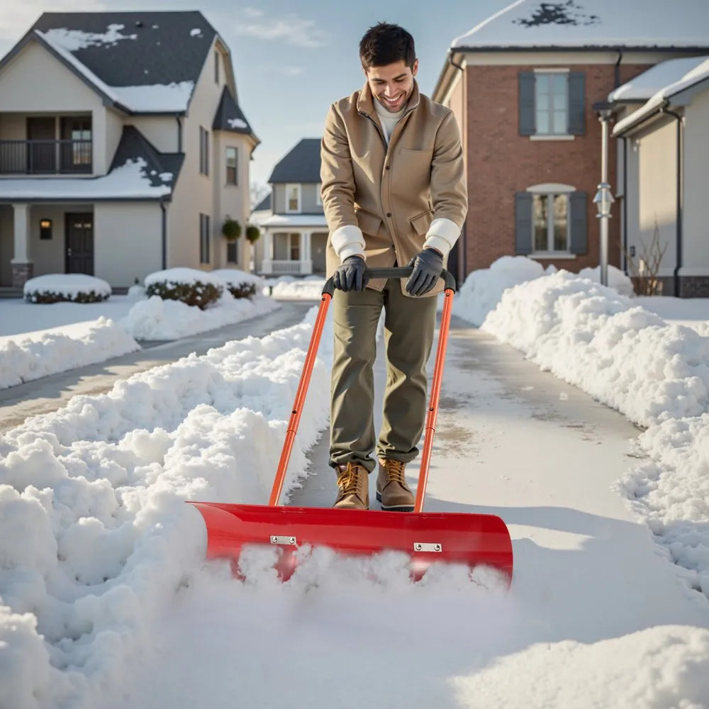 37.8-Inch Wheeled Snow Pusher Shovel with Adjustable Handle and Angled Blade