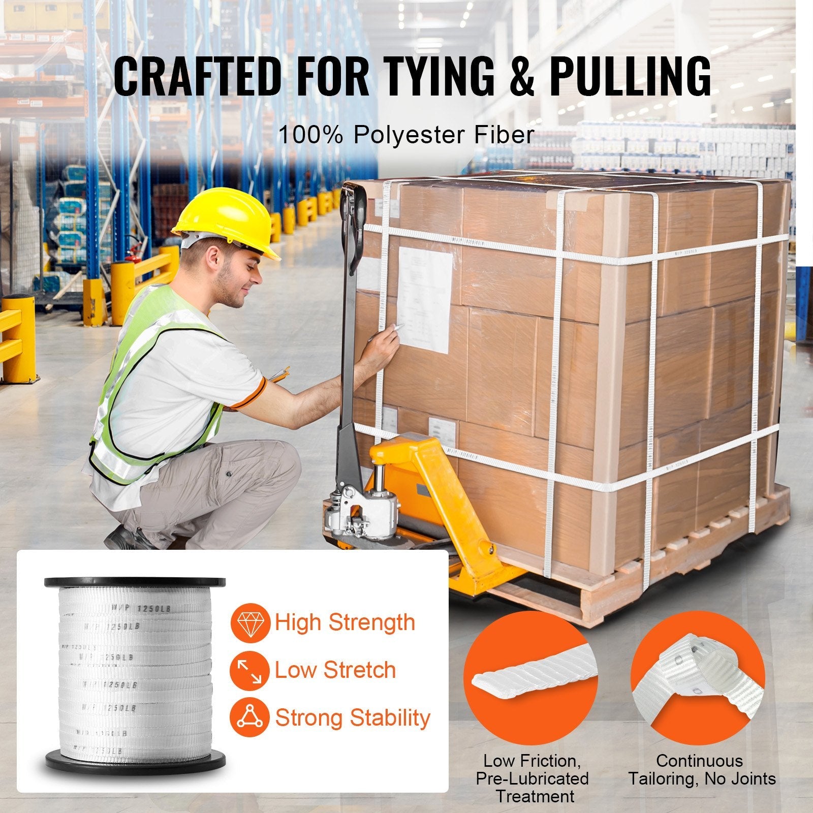 VEVOR Polyester Pull Tape, 1/2" x 528' Mule Tape Flat Rope, 1250 lbf Tensile Capacity, Printed Webbing Cable Pulling Tape for Packaging, Gardening, Commercial Electrical, Conduit Work, White