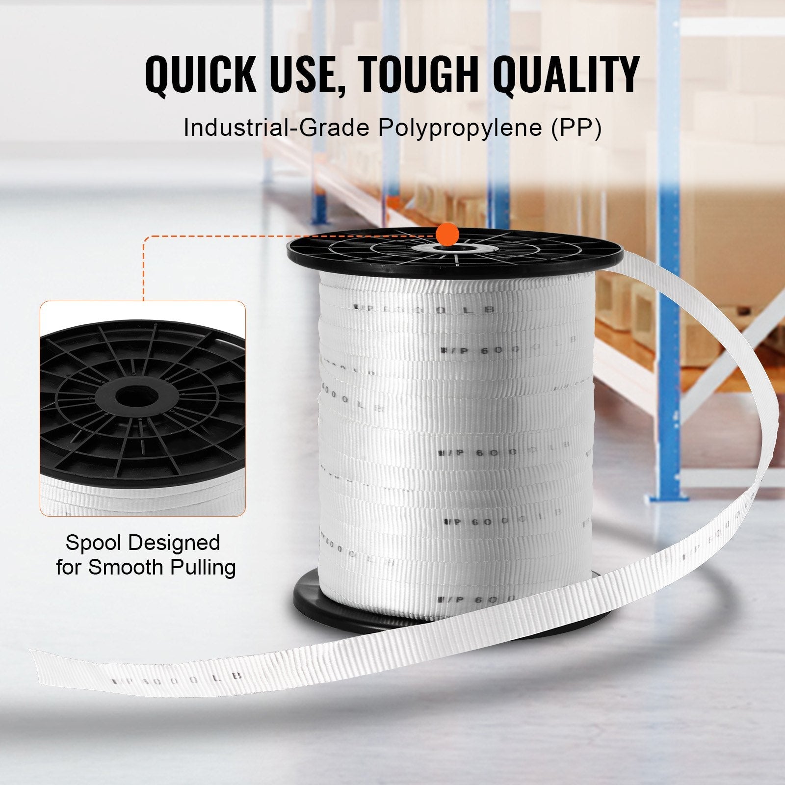 VEVOR Polyester Pull Tape, 1" x 528' Mule Tape Flat Rope, 6000 lbf Tensile Capacity, Printed Webbing Cable Pulling Tape for Packaging, Gardening, Commercial Electrical, Conduit Work, White