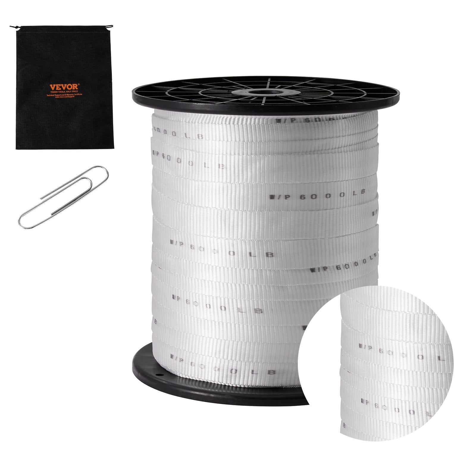 VEVOR Polyester Pull Tape, 1" x 528' Mule Tape Flat Rope, 6000 lbf Tensile Capacity, Printed Webbing Cable Pulling Tape for Packaging, Gardening, Commercial Electrical, Conduit Work, White