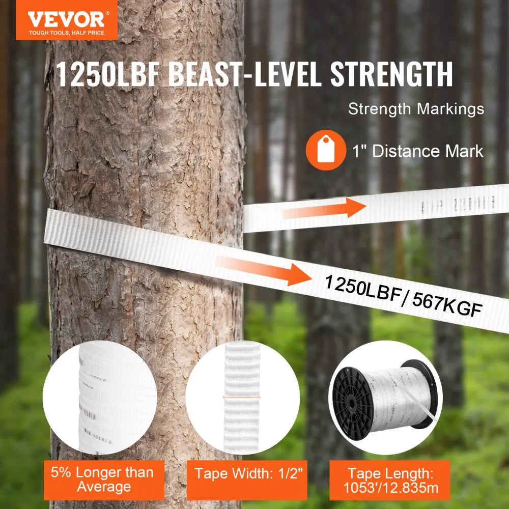 VEVOR Polyester Pull Tape, 1/2" x 1053' Mule Tape Flat Rope, 1250 lbf Tensile Capacity, Printed Webbing Cable Pulling Tape for Packaging, Gardening, Commercial Electrical, Conduit Work, White