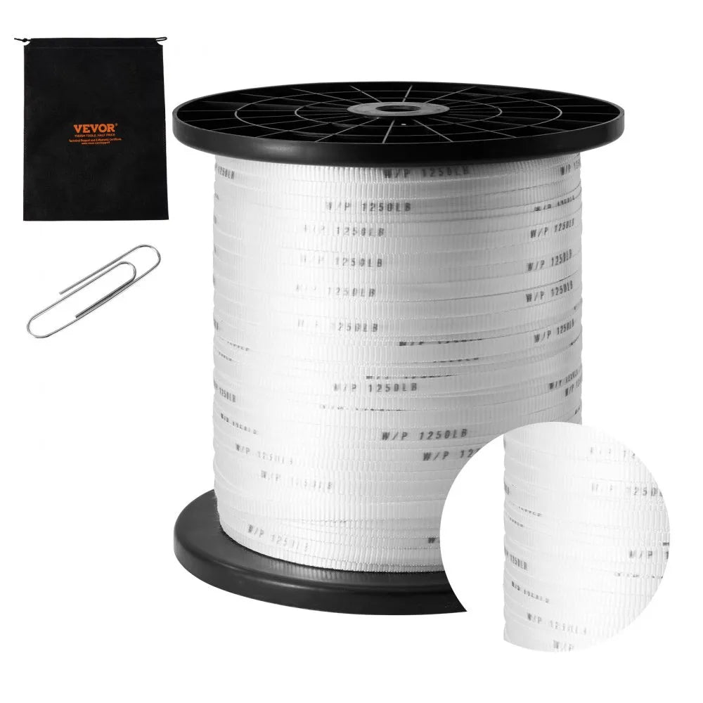 VEVOR Polyester Pull Tape, 1/2" x 1053' Mule Tape Flat Rope, 1250 lbf Tensile Capacity, Printed Webbing Cable Pulling Tape for Packaging, Gardening, Commercial Electrical, Conduit Work, White