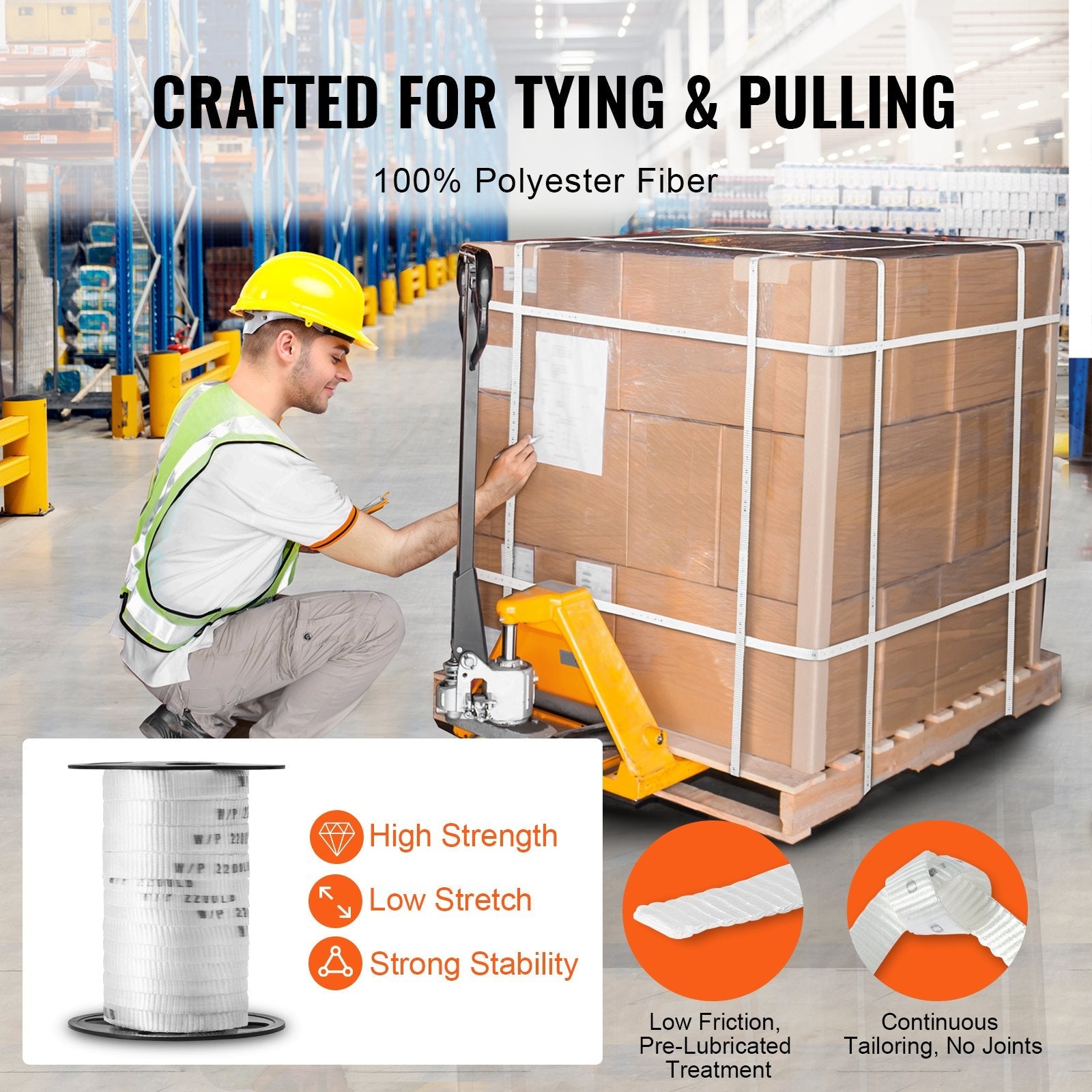 VEVOR Polyester Pull Tape, 5/8" x 108' Mule Tape Flat Rope, 2200 lbf Tensile Capacity, Printed Webbing Cable Pulling Tape for Packaging, Gardening, Commercial Electrical, Conduit Work, White