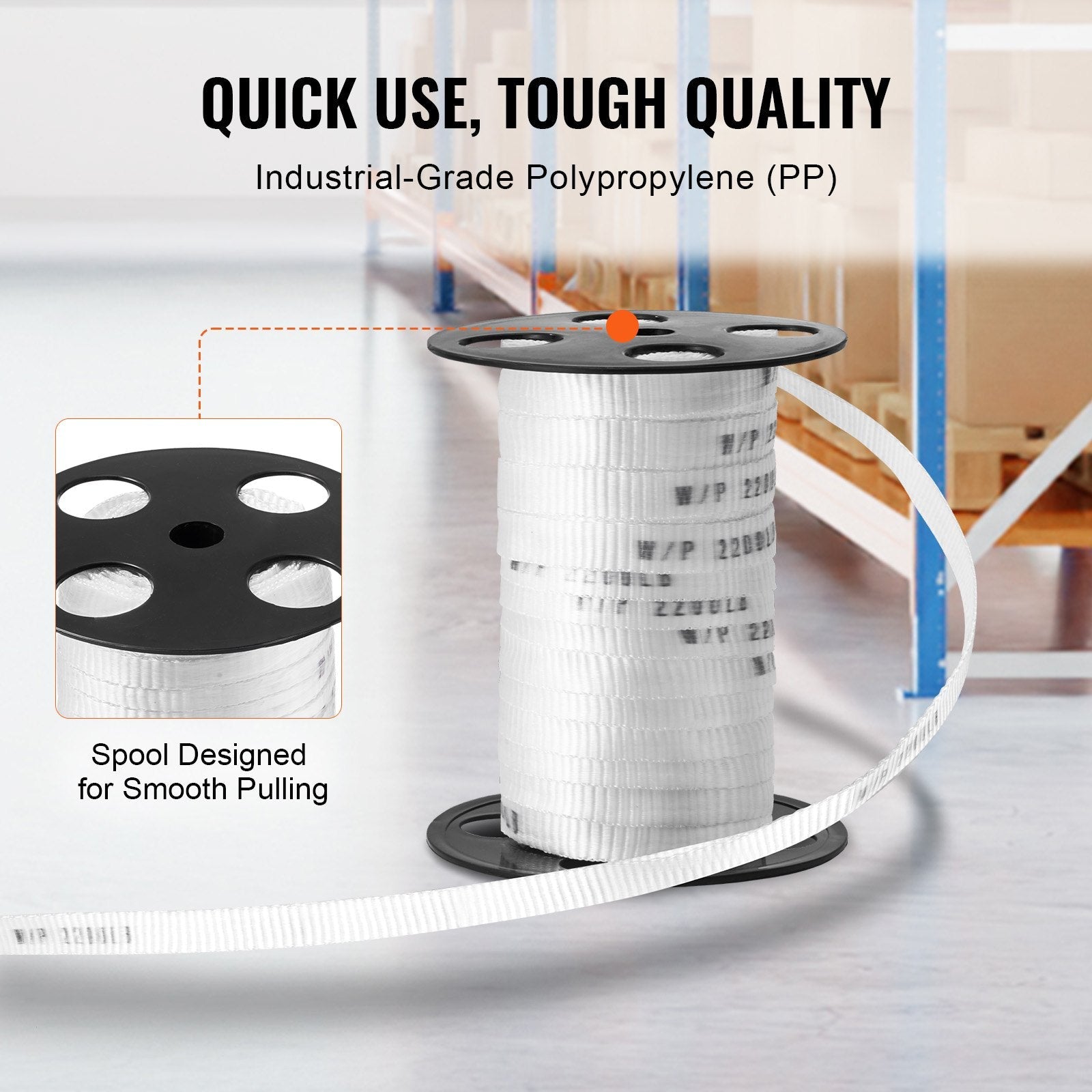 VEVOR Polyester Pull Tape, 5/8" x 108' Mule Tape Flat Rope, 2200 lbf Tensile Capacity, Printed Webbing Cable Pulling Tape for Packaging, Gardening, Commercial Electrical, Conduit Work, White