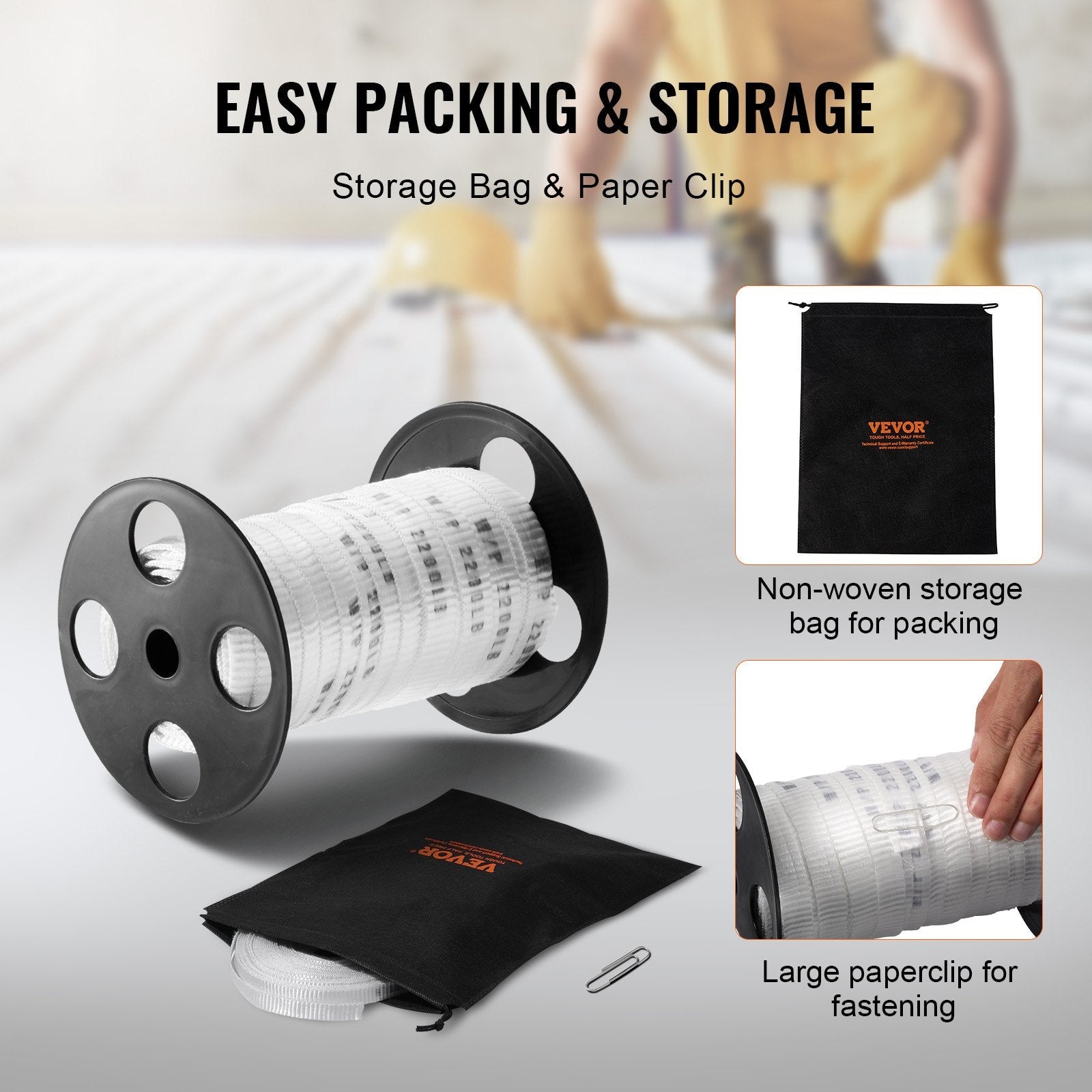 VEVOR Polyester Pull Tape, 5/8" x 108' Mule Tape Flat Rope, 2200 lbf Tensile Capacity, Printed Webbing Cable Pulling Tape for Packaging, Gardening, Commercial Electrical, Conduit Work, White