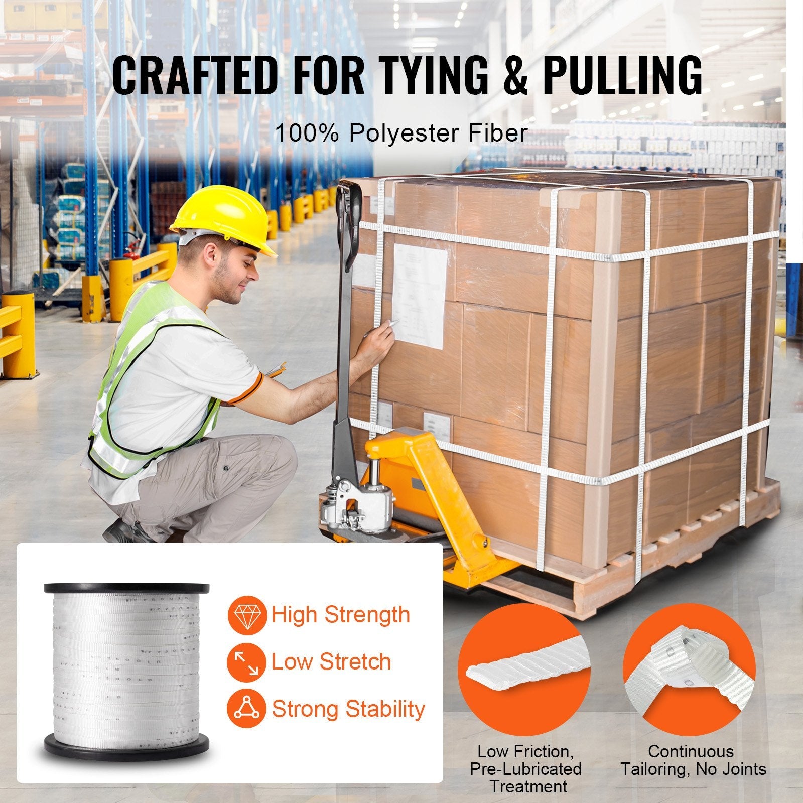 VEVOR Polyester Pull Tape, 3/4" x 2103' Mule Tape Flat Rope, 2500 lbf Tensile Capacity, Printed Webbing Cable Pulling Tape for Packaging, Gardening, Commercial Electrical, Conduit Work, White