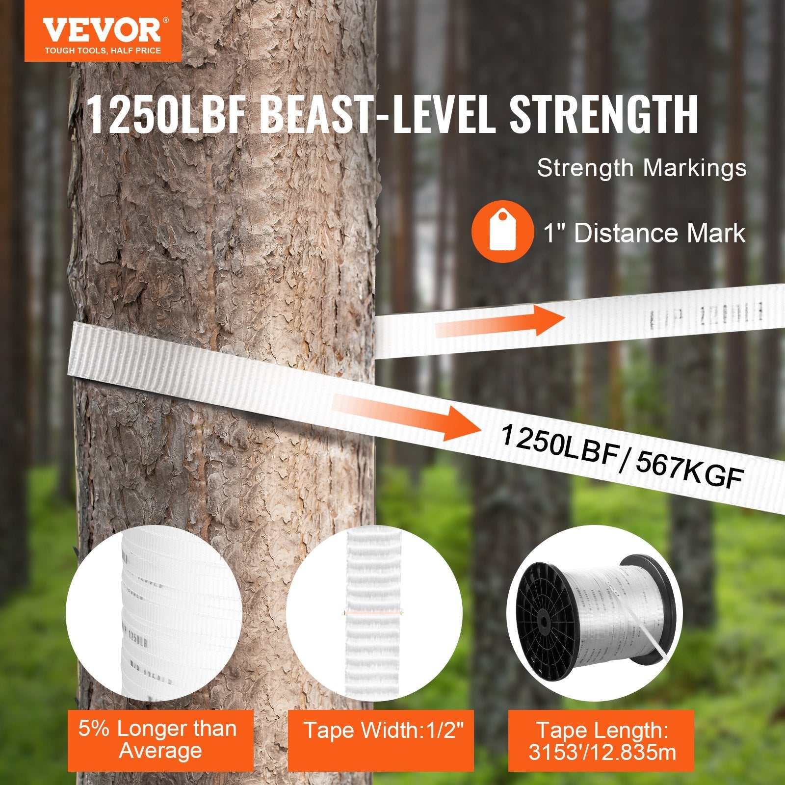 VEVOR Polyester Pull Tape, 1/2" x 3153' Mule Tape Flat Rope, 1250 lbf Tensile Capacity, Printed Webbing Cable Pulling Tape for Packaging, Gardening, Commercial Electrical, Conduit Work, White