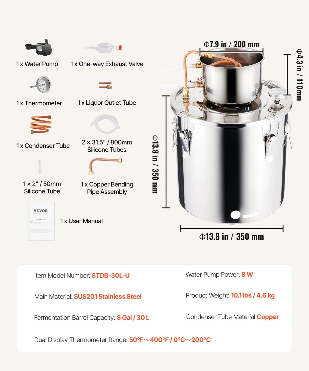 VEVOR Moonshine Still 8 Gal Water Alcohol Distiller Brewing Kit Stainless Steel
