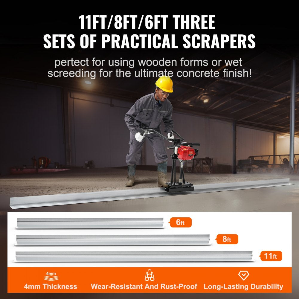 VEVOR Gas Concrete Power Screed, 6ft/8ft/11ft Aluminum Board Straight Edge Bar Set, 4 Stroke Cement Finishing Vibrating Motor w/ Height Adjustable Handles, High Efficient Concrete Tool 6500RPM