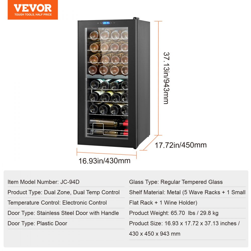 VEVOR 32-Bottle Wine Cooler Dual Zone Freestanding Refrigerator with LED Light