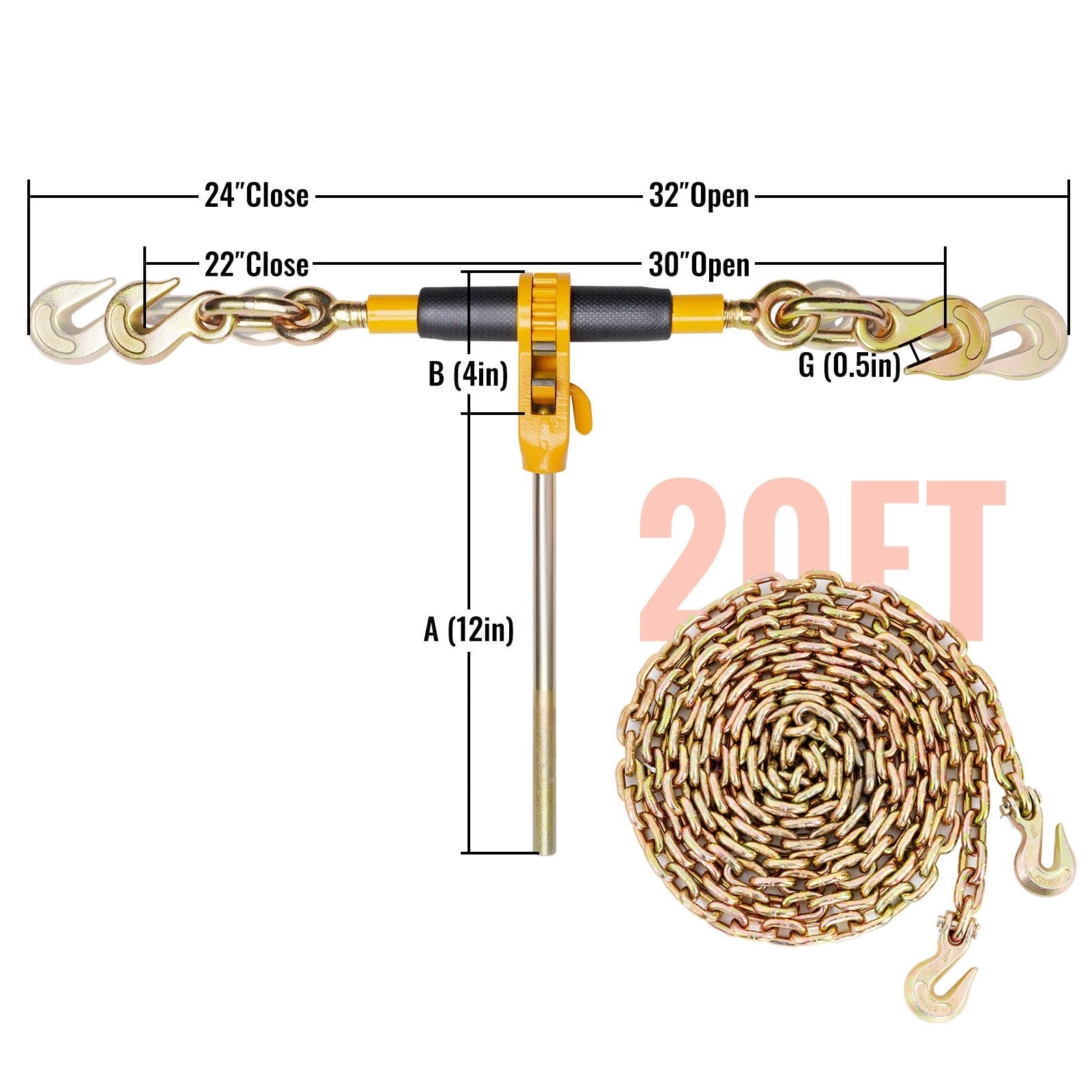 VEVOR Ratchet Chain Binder, 5/16"-3/8" Heavy Duty Load Binders, with G80 Chains 7100 lbs Secure Load Limit, Labor-saving Anti-skid Handle, Tie Down Hauling Chain Binders for Flatbed Truck Trailer, 2 P