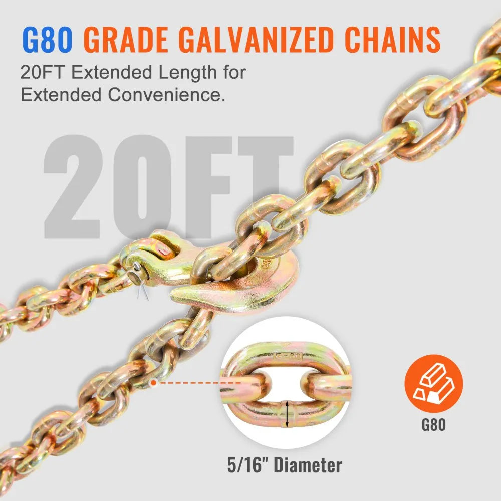 VEVOR Ratchet Chain Binder 2PCS, 3/8"-1/2" Heavy Duty Load Binders, with G80 Chains 12000 lbs Secure Load Limit, Labor-saving Anti-skid Handle, Tie Down Hauling Chain Binders for Flatbed Truck Trailer
