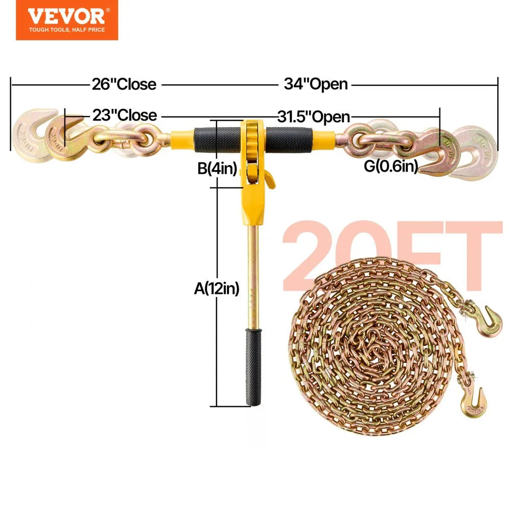 VEVOR Ratchet Chain Binder 2PCS, 3/8"-1/2" Heavy Duty Load Binders, with G80 Chains 12000 lbs Secure Load Limit, Labor-saving Anti-skid Handle, Tie Down Hauling Chain Binders for Flatbed Truck Trailer