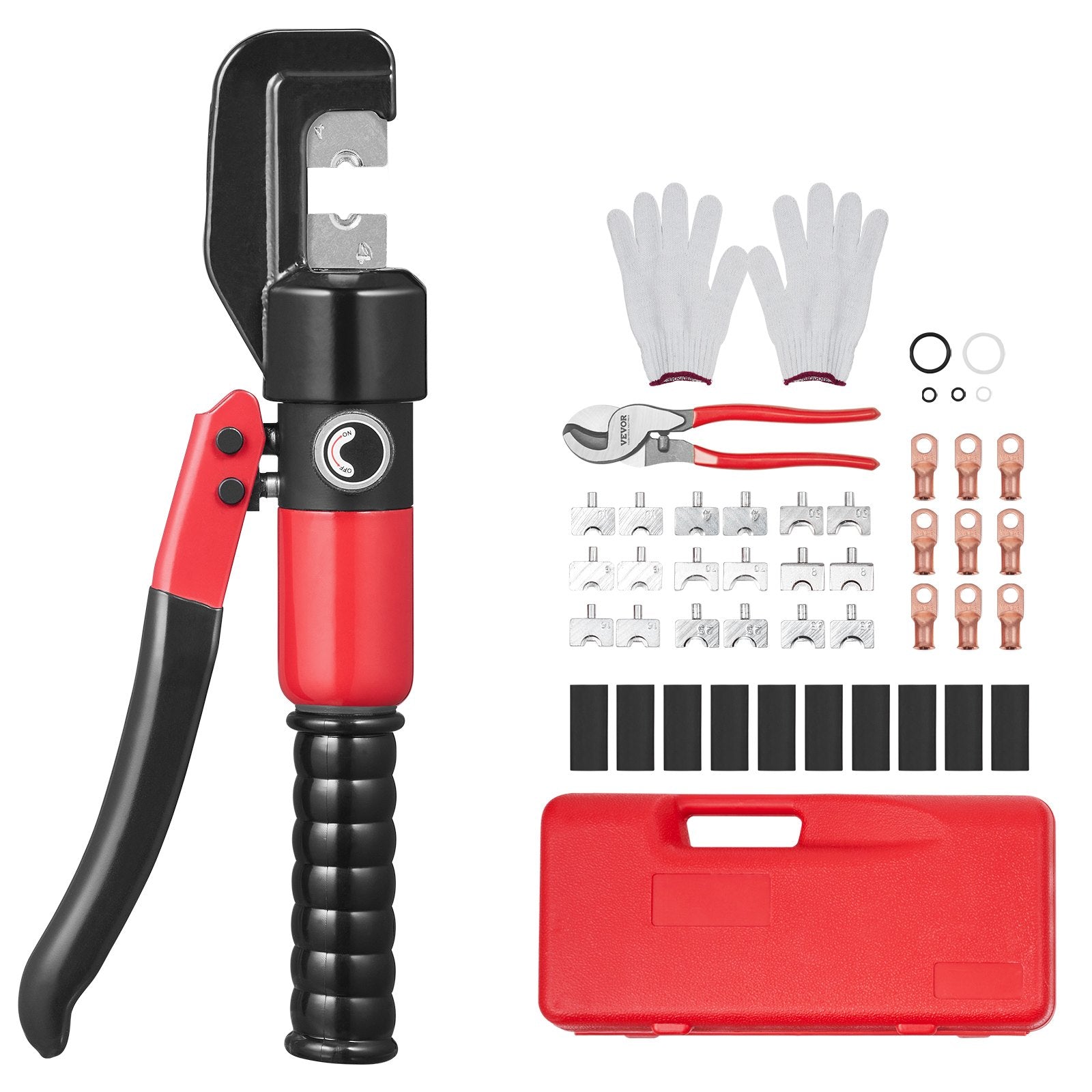 VEVOR Crimping Tool, AWG12-2/0 Copper And Aluminum Terminal Battery Lug Hydraulic Crimper, with a Cutting Pliers, Gloves, 10pcs Copper Ring Connectors, 8 x Heat Shrink Sleeves and a Blow Moulded Case