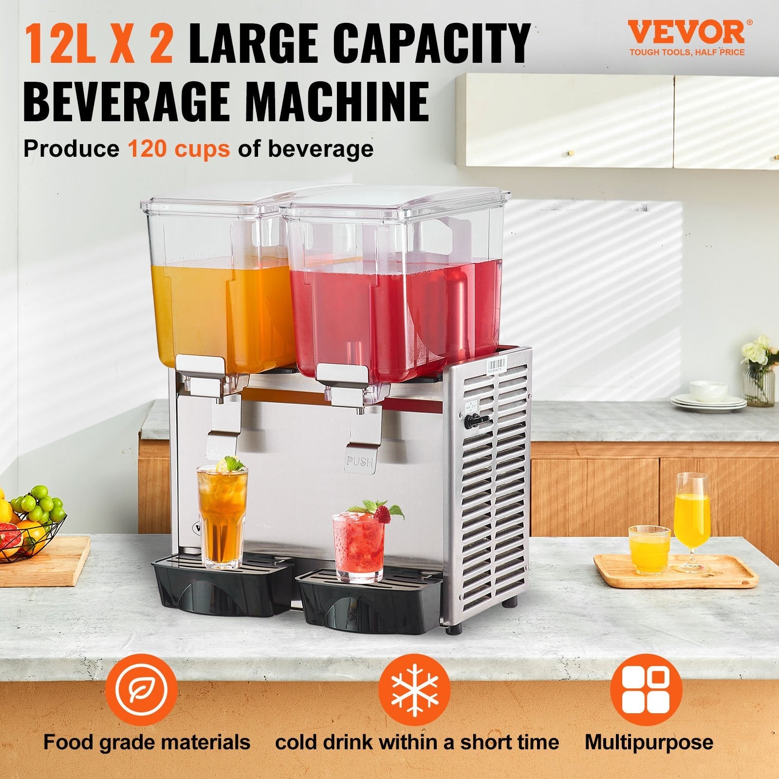 VEVOR Commercial Beverage Dispenser, 13.6 Qt 12L 2 Tanks Ice Tea Drink Machine, 280W 304 Stainless Steel Juice Dispenser with 41?-53.6? Thermostat Controller, for Cold Drink Restaurant Hotel Party