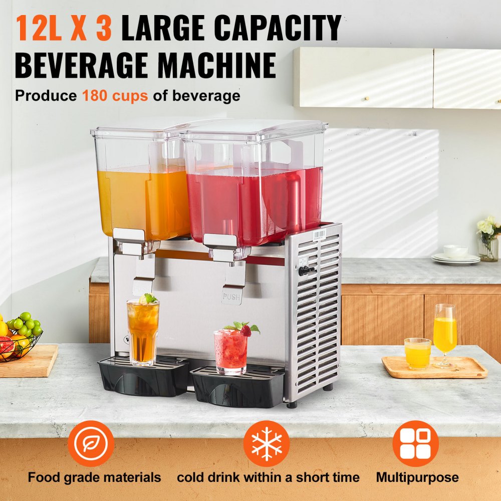 VEVOR Commercial Beverage Dispenser, 13.6 Qt 12L 3 Tanks Ice Tea Drink Machine, 620W 304 Stainless Steel Juice Dispenser with 41?-53.6? Thermostat Controller, for Cold Drink Restaurant Hotel Party
