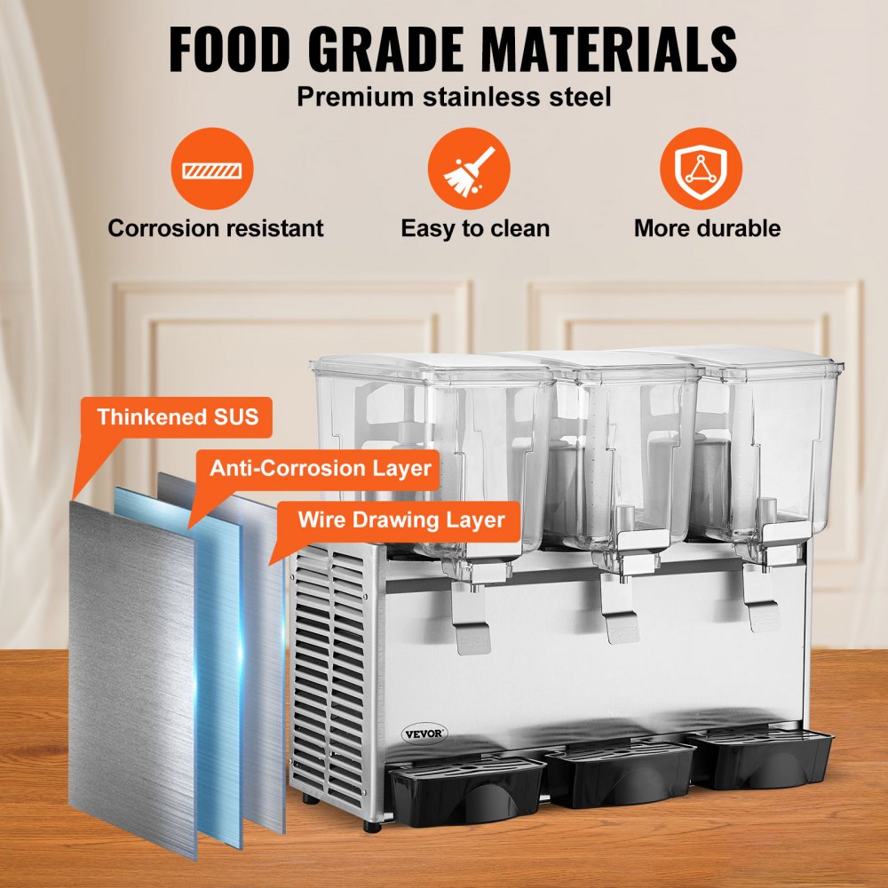 VEVOR Commercial Beverage Dispenser, 13.6 Qt 12L 3 Tanks Ice Tea Drink Machine, 620W 304 Stainless Steel Juice Dispenser with 41?-53.6? Thermostat Controller, for Cold Drink Restaurant Hotel Party